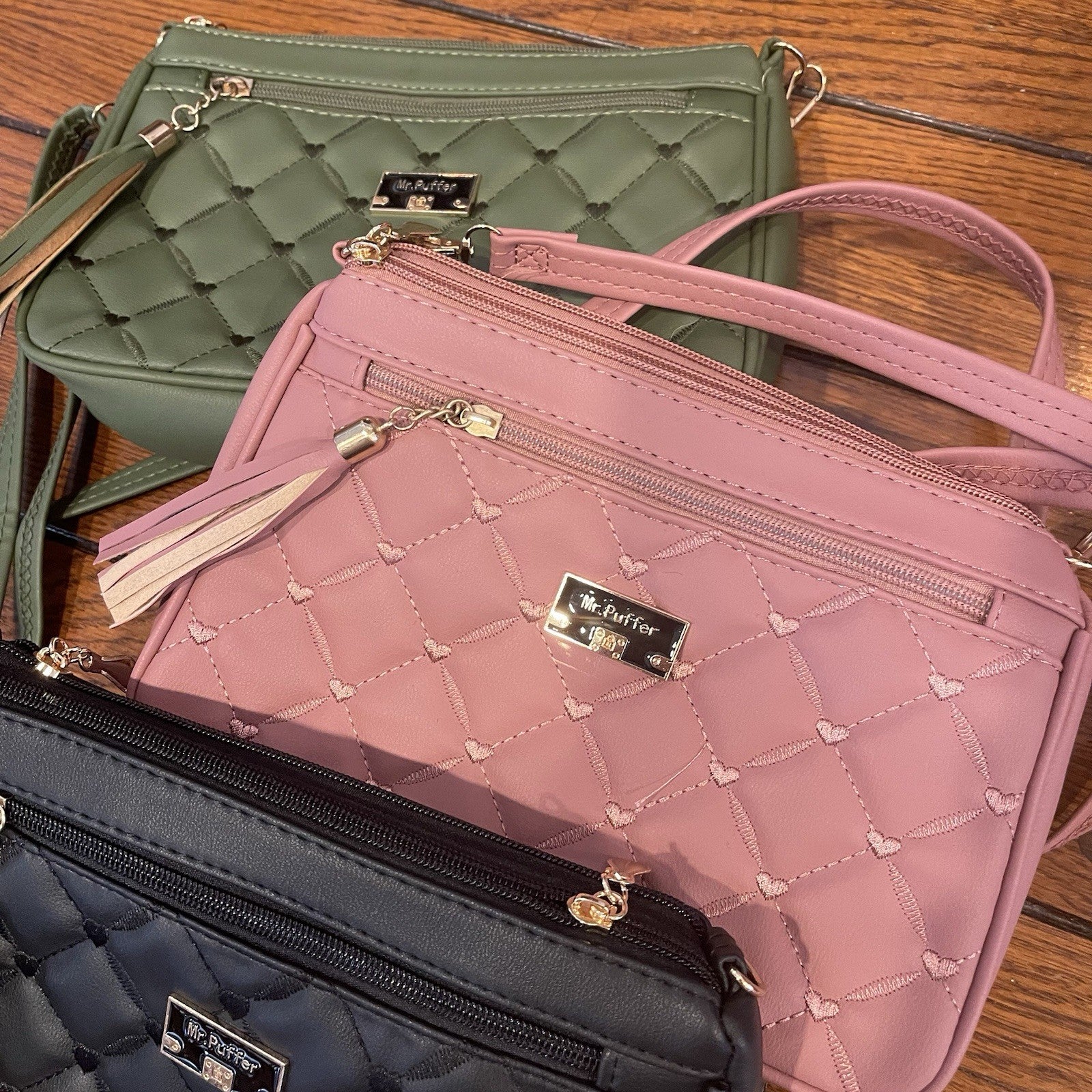 NEW Set of 3 Quilted Pink Green Black & Gold Crossbody Bag Purse Bundle Lot