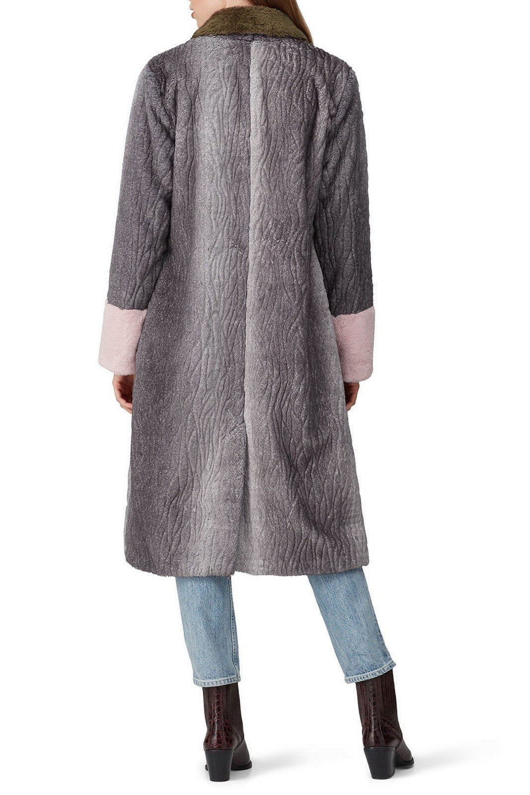 Anthropologie Hutch Grey Green Pink Long Faux Fur Trench Coat Jacket Size Large