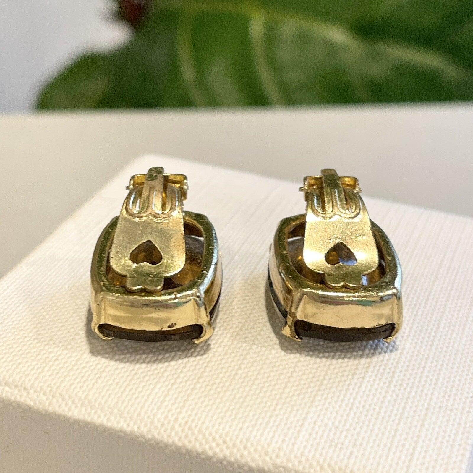 Vintage Citrine & Gold Large Cushion Cut Stone Clip-on Earrings Luxury Jewelry