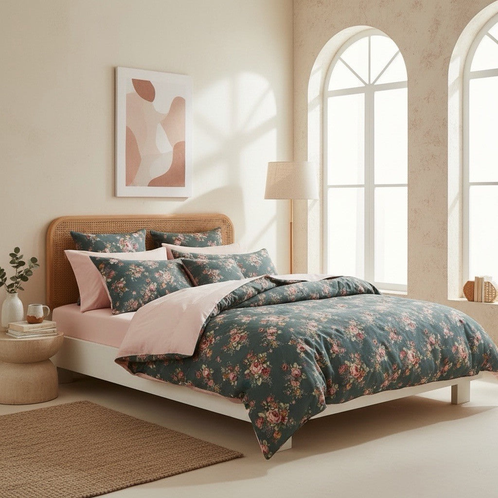 NEW Anthro Green & Pink Floral Muslin Cotton Boho Queen / King Bedding Duvet Set