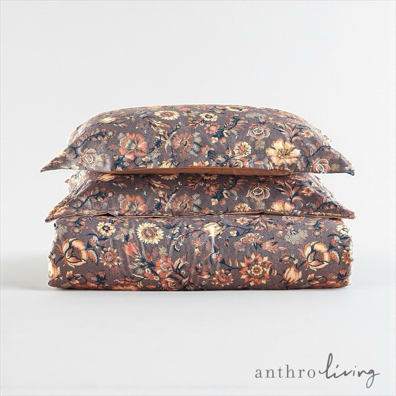 NEW Anthropologie Purple Silky Floral Boho Queen Size Comforter Bedding Sham Set