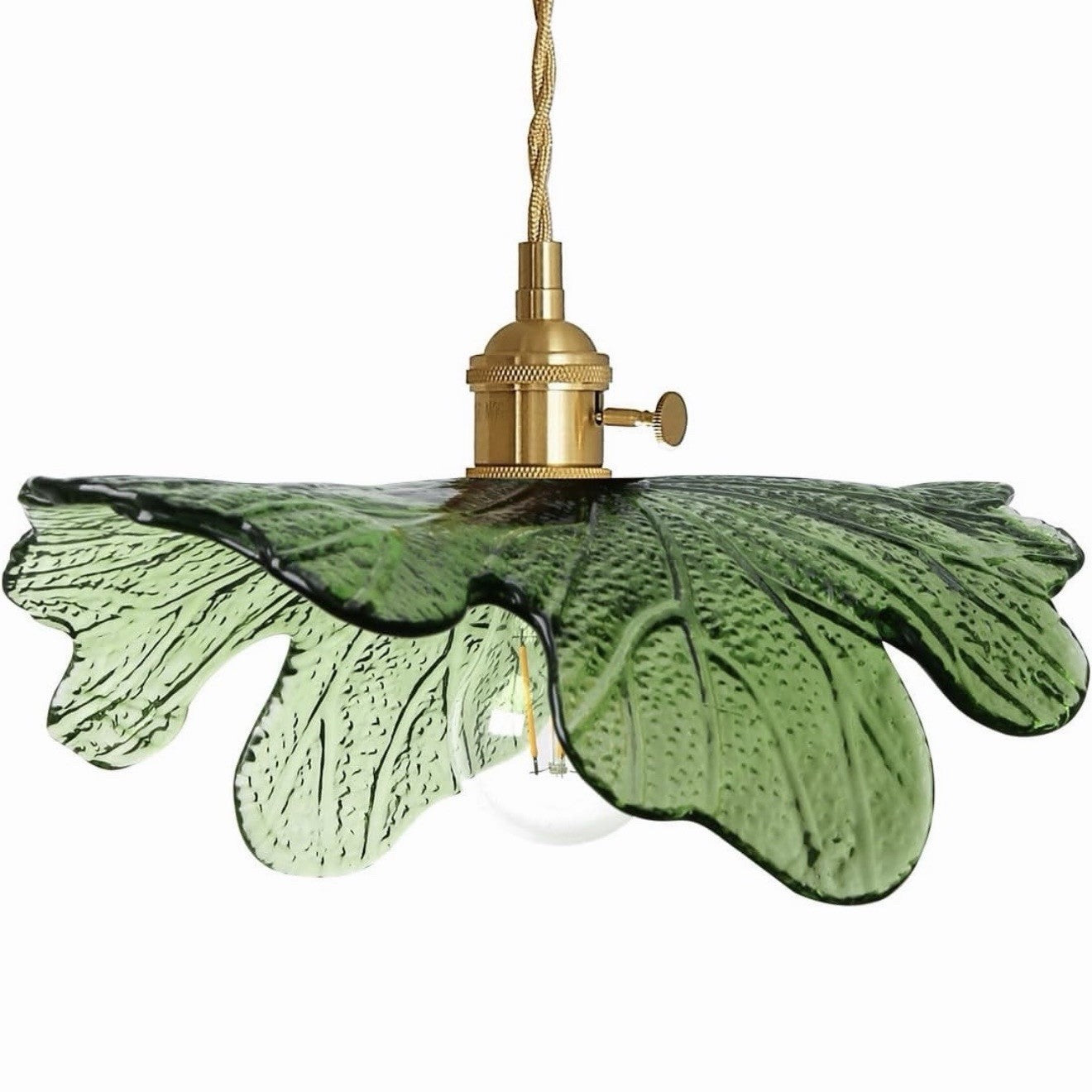 NEW Anthro Vintage Green Glass Hanging Retro Gold Floral Pendant Light Fixture