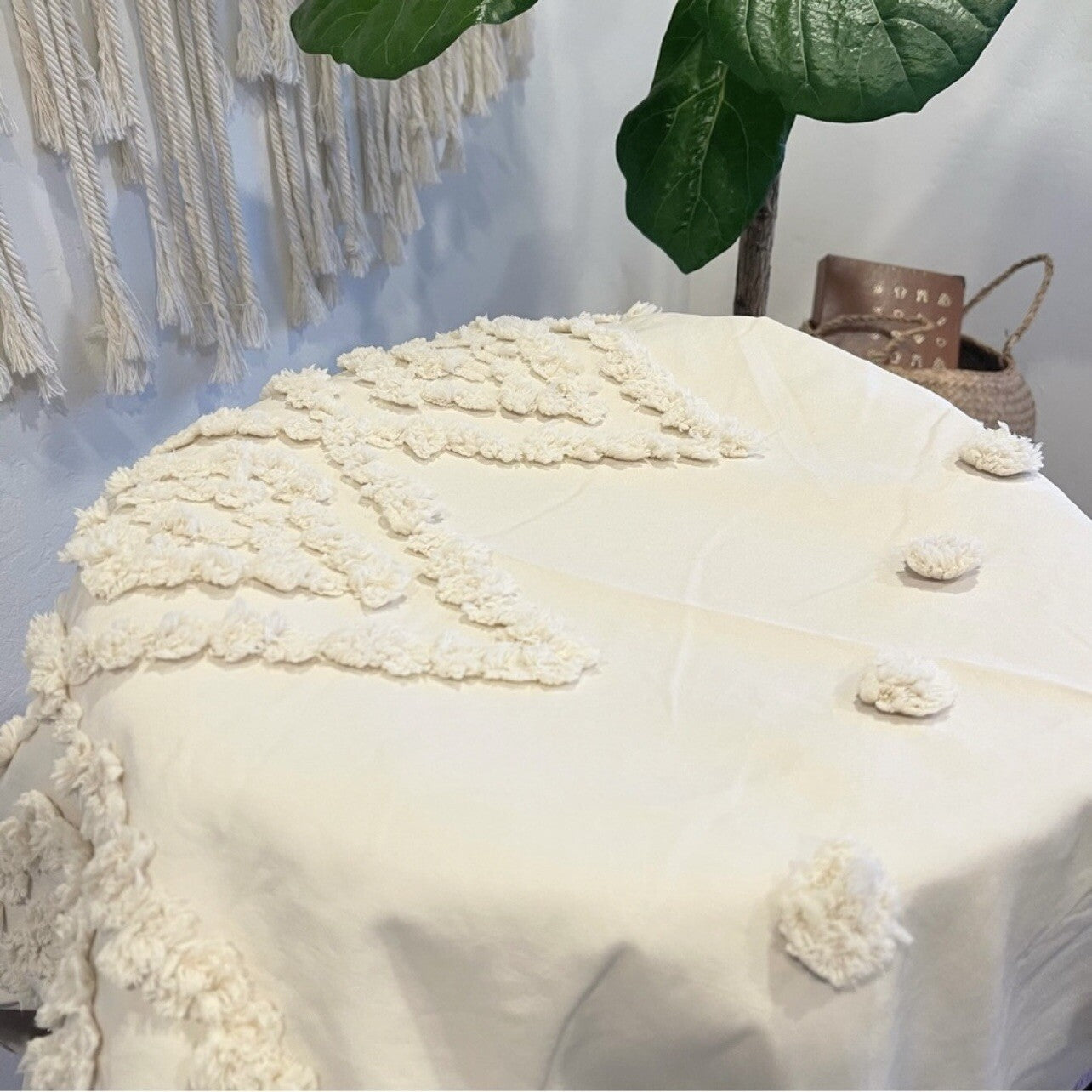 NEW Cream Boho King Size Retro Fringe Tassel Bedding Duvet Blanket & Sham Set
