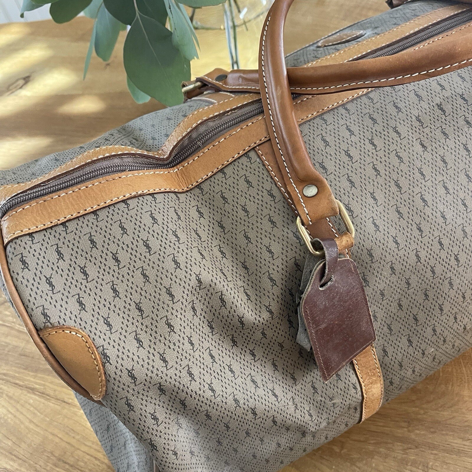 Yves Saint Laurent Large Leather YSL Logo Tan Duffel Travel Bag Tote - 23" x 12"