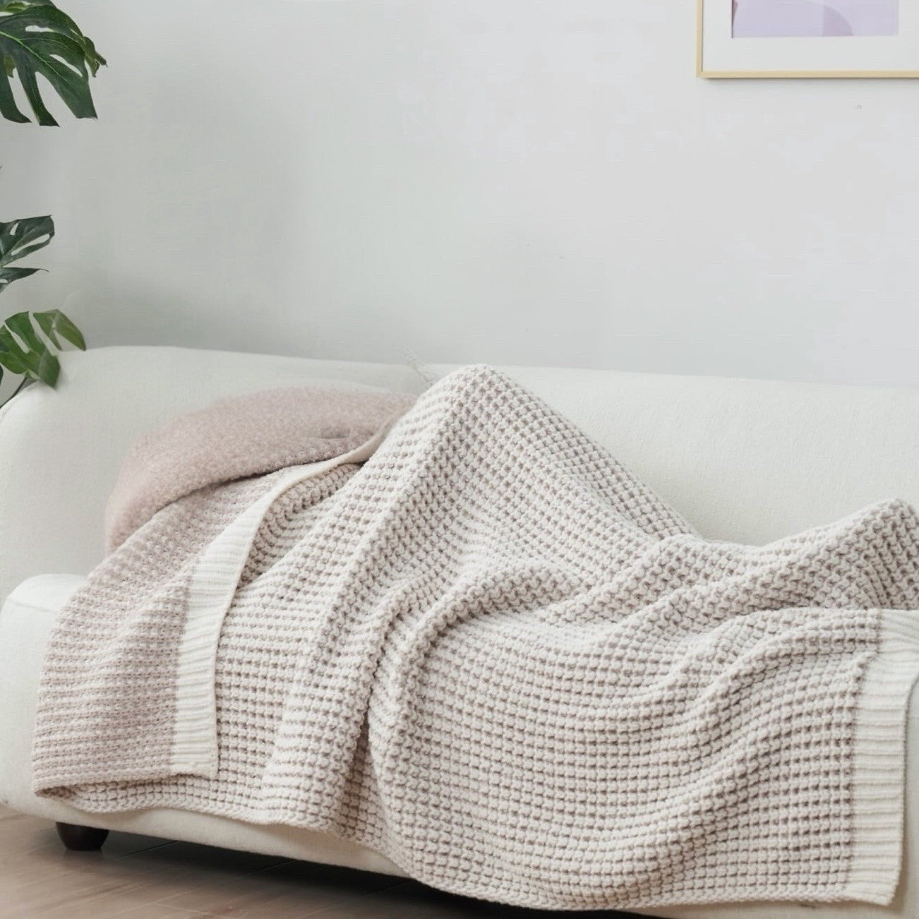 NEW West Elm Beige Woven Waffle Knit Cotton Boho Cozy Throw Blanket - 60" x 80"