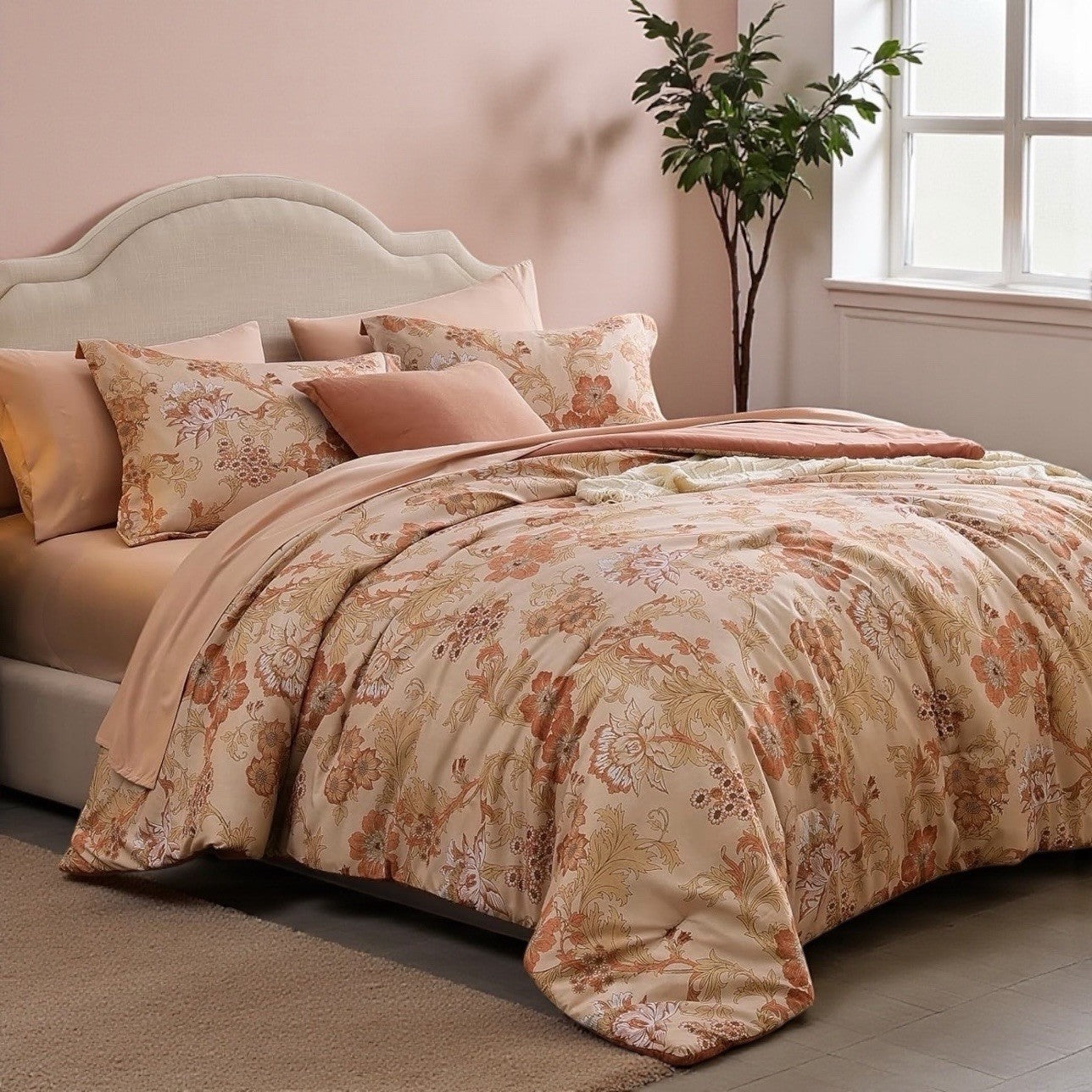 NEW Anthro 7 Piece Blush Floral Boho Queen / King Bedding Comforter & Sham Set