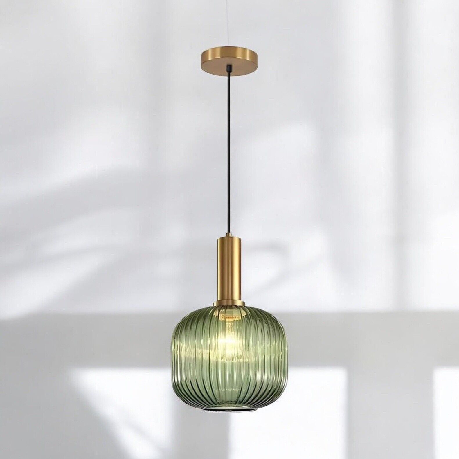 NEW Anthropologie Vintage Green Glass Globe Hanging Gold Pendant Light Fixture