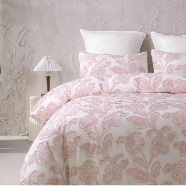 NEW Anthropologie Pink Embroidered Floral Jacquard Cotton Bedding Duvet Sham Set