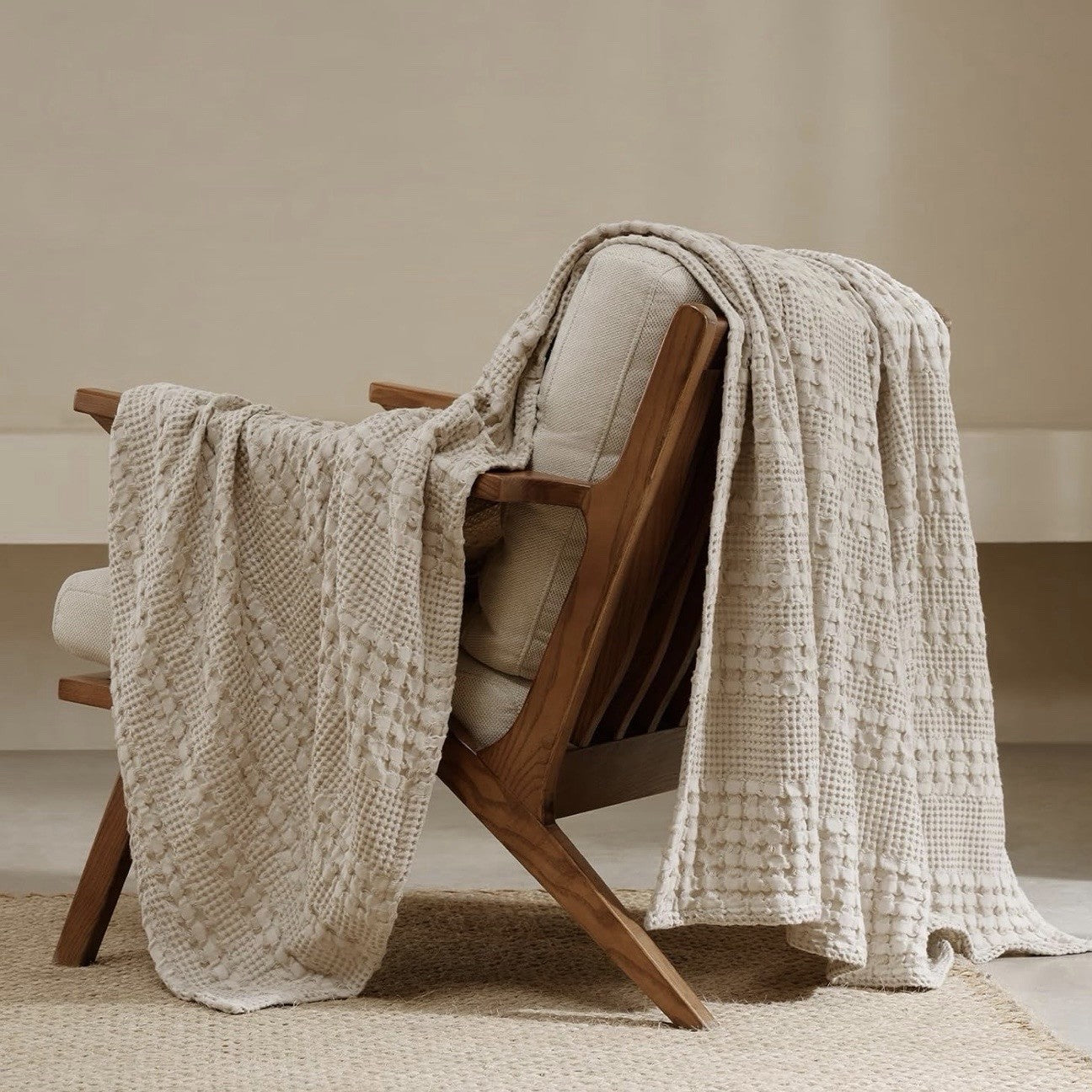NEW West Elm Beige Woven Waffle Knit Cotton Boho Cozy Throw Blanket - 50" x 60"