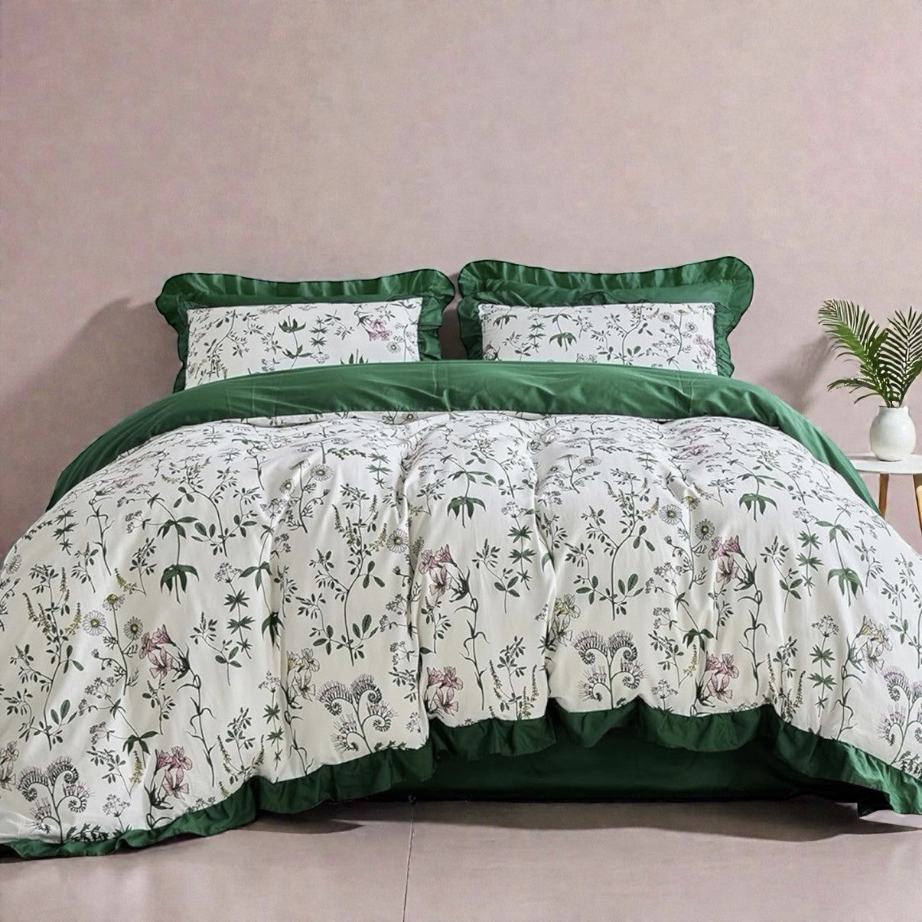 NEW Anthro Green Ruffle Floral Cotton Boho Queen / King Bedding Duvet & Sham Set
