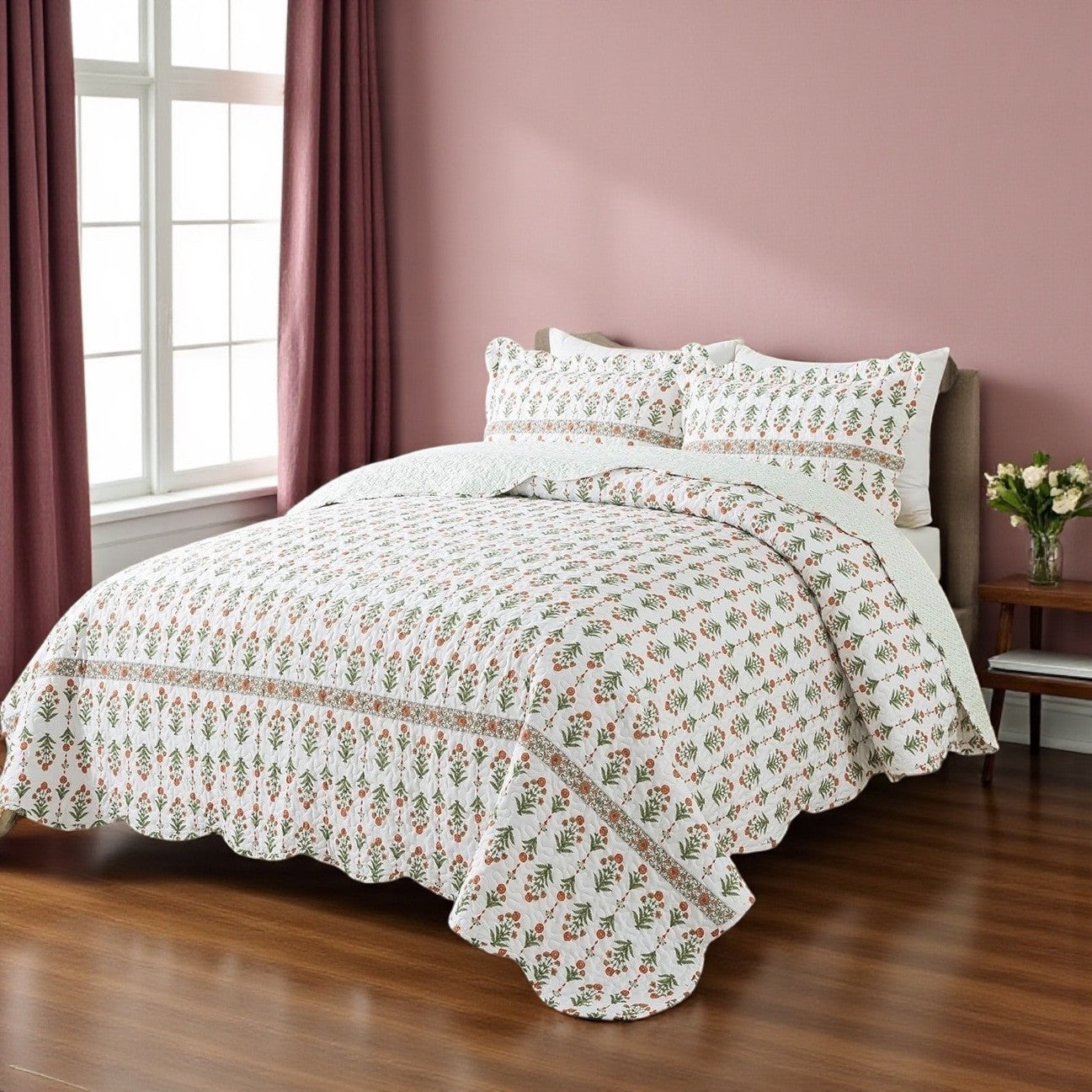 NEW Anthro Coral & White Floral Pattern Queen / King Bedding Quilt & Sham Set