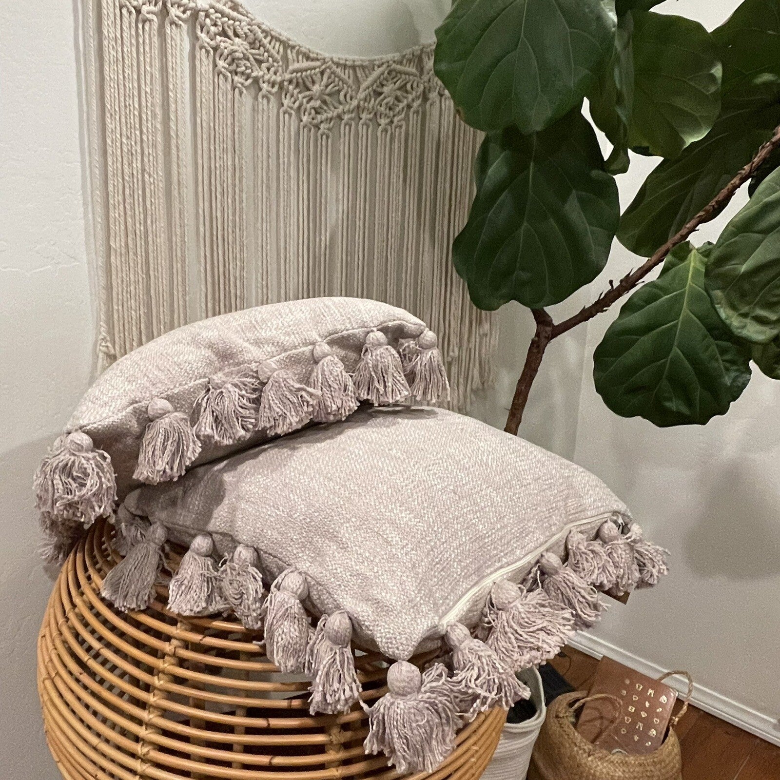 NEW Anthro Cream Boho Tassel Pom Pom Throw Pillow with Case Sham 18" x 18"