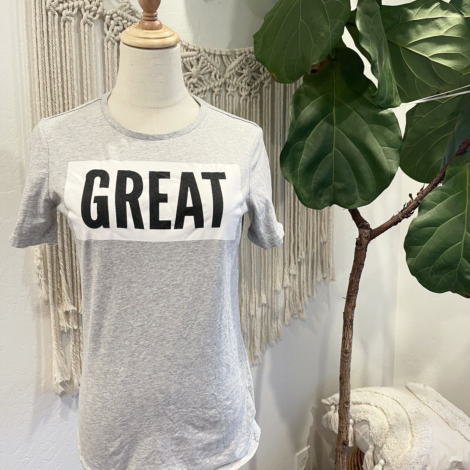 NEW Free People Grey Boho Graphic Lettering Tee Shirt T-shirt Top - Size Small