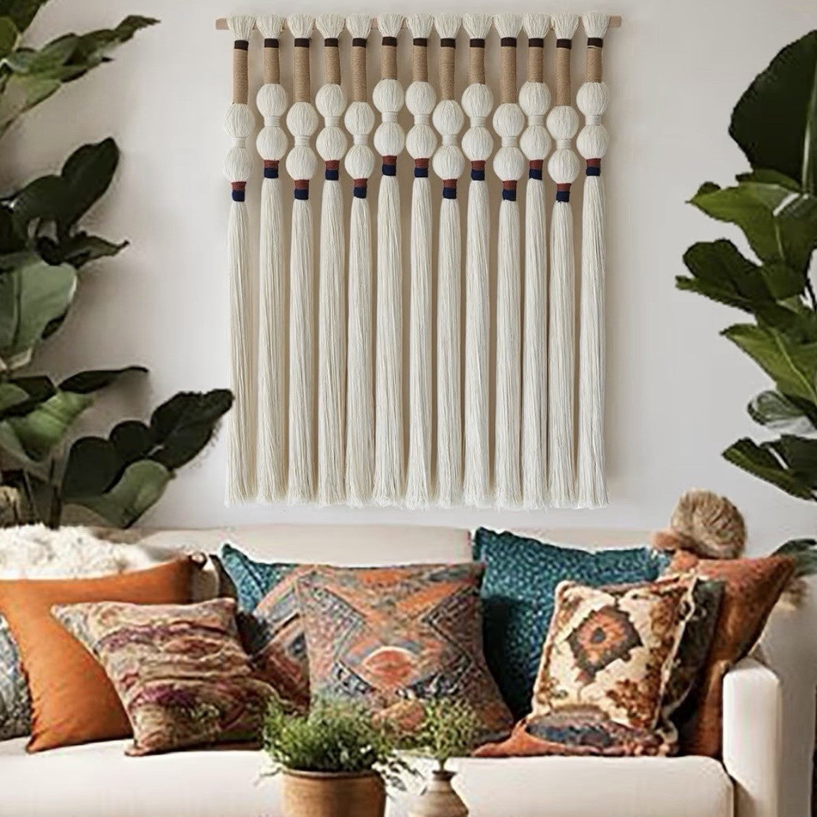 NEW Anthropologie XL Boho White Ball Tassel Tapestry Woven Wall Hanging - 33"