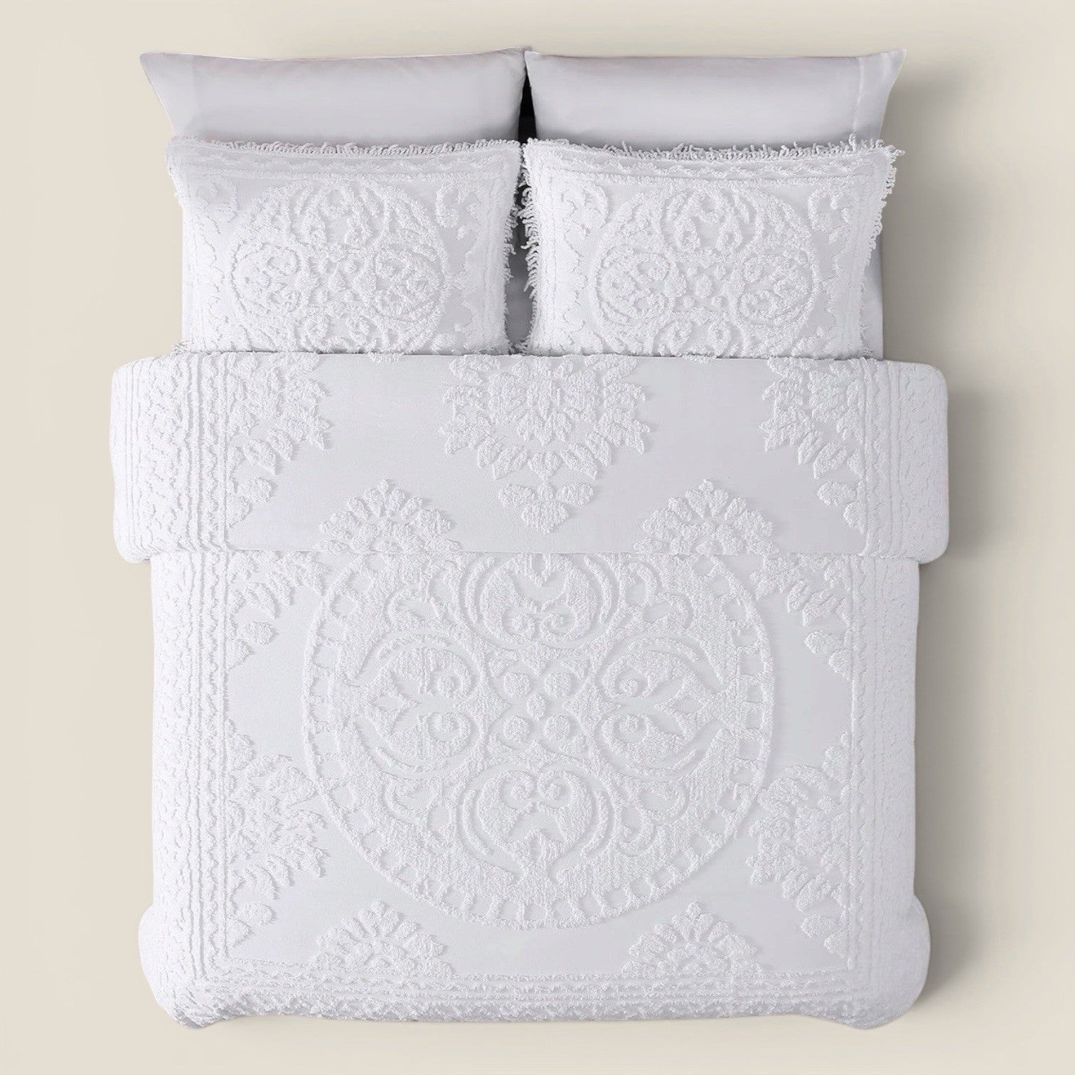 NEW Anthropologie White King Chenille Damask Quilt Bedspread Blanket & Sham Set