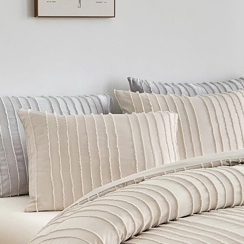 NEW Anthropologie Beige Boho Queen Size Tufted Fringe Bedding Duvet & Sham Set