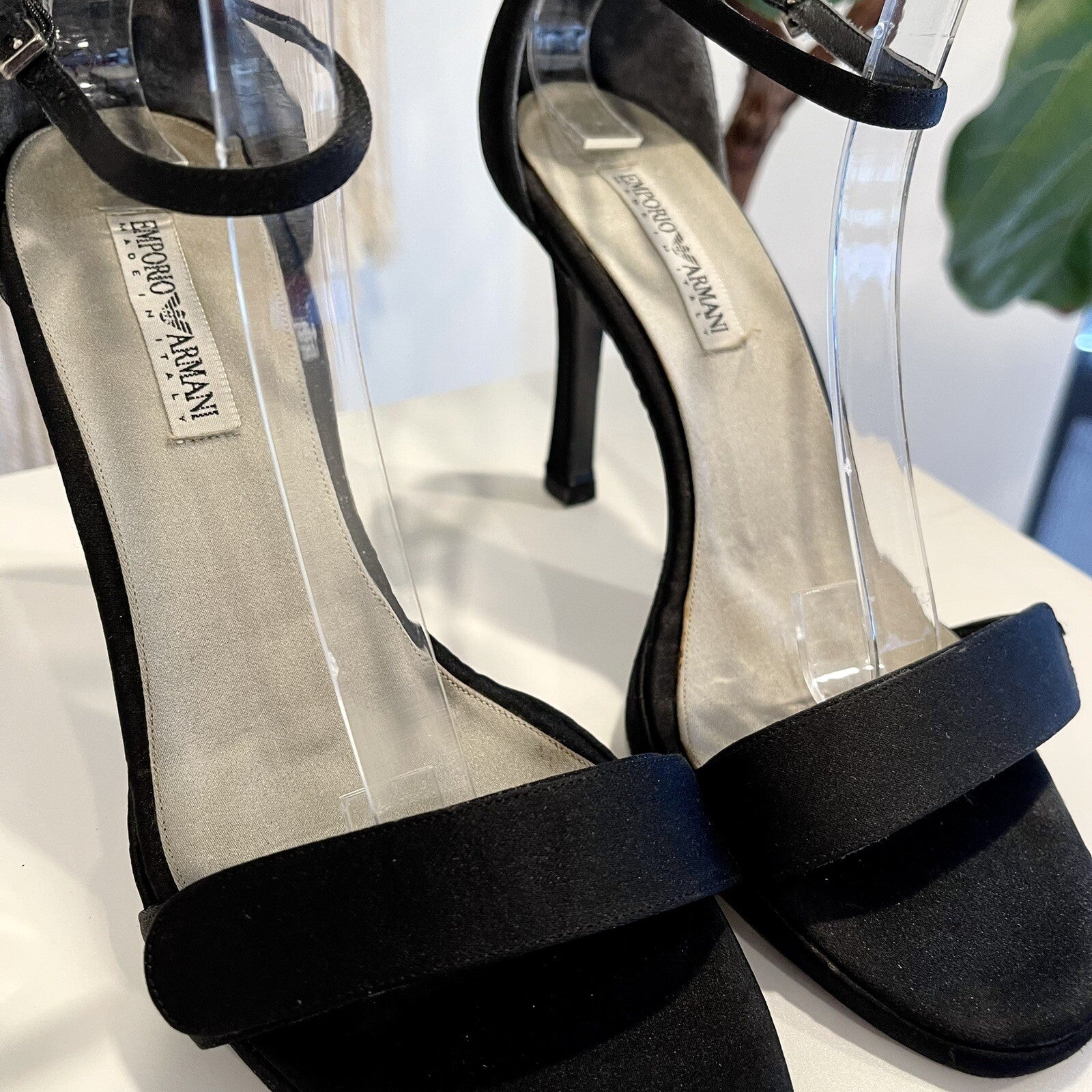 Emporio Armani Black Satin Strappy Stiletto Shoes High Heels | Size 39 / 8.5
