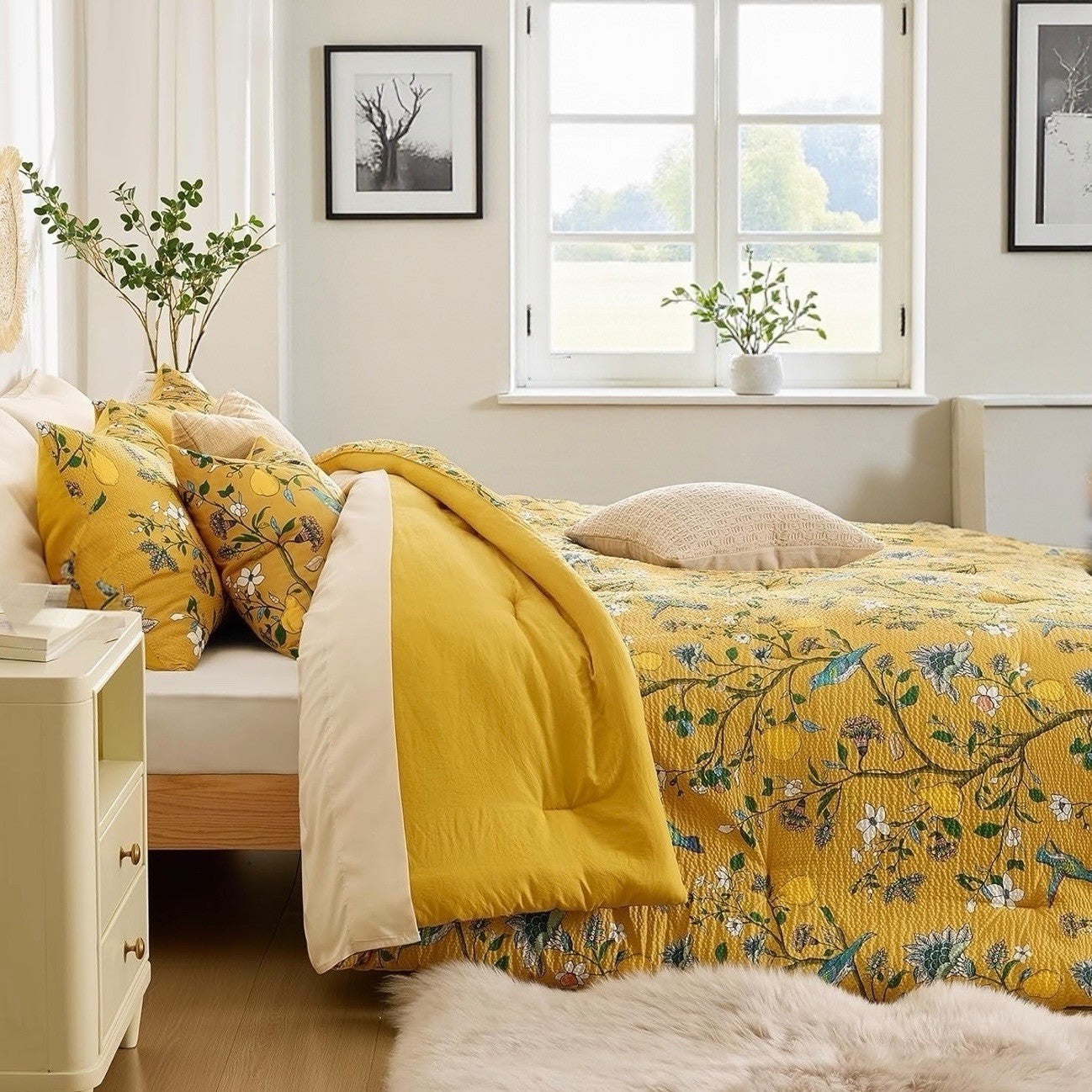 NEW Anthro Yellow Seersucker Floral Queen King Boho Comforter Bedding Sham Set