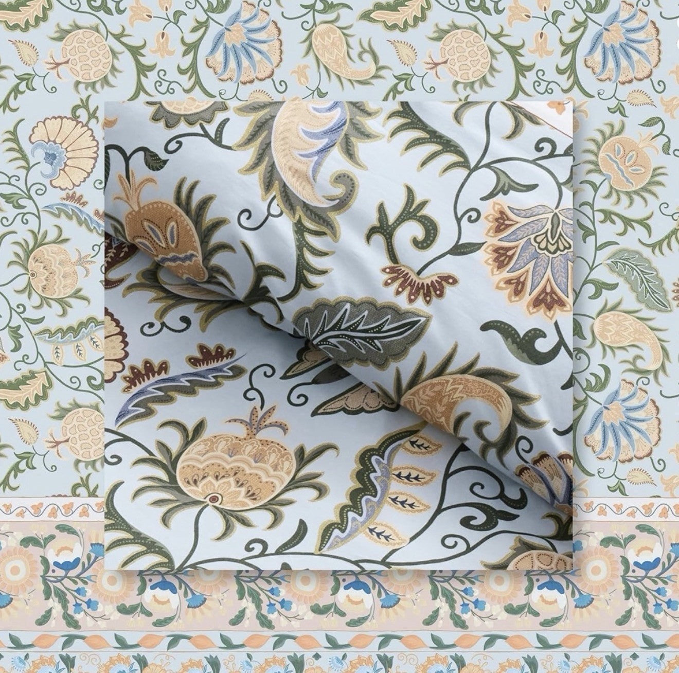 NEW Anthropologie Blue Floral Boho Cotton Queen / King Bedding Duvet & Sham Set