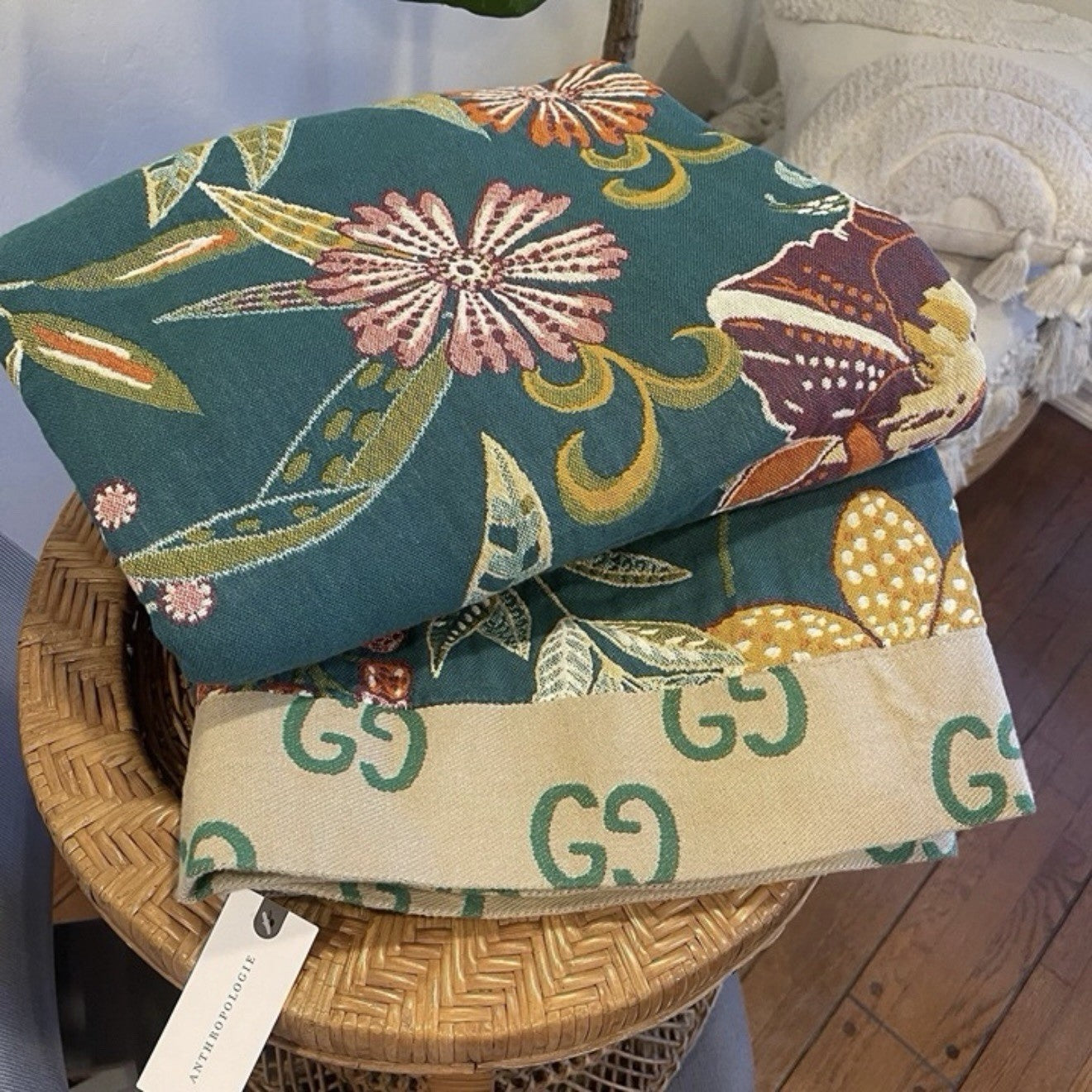 NEW Anthro Boho Teal Floral Reversible Queen Blanket Bedspread Quilt 80" x 90"
