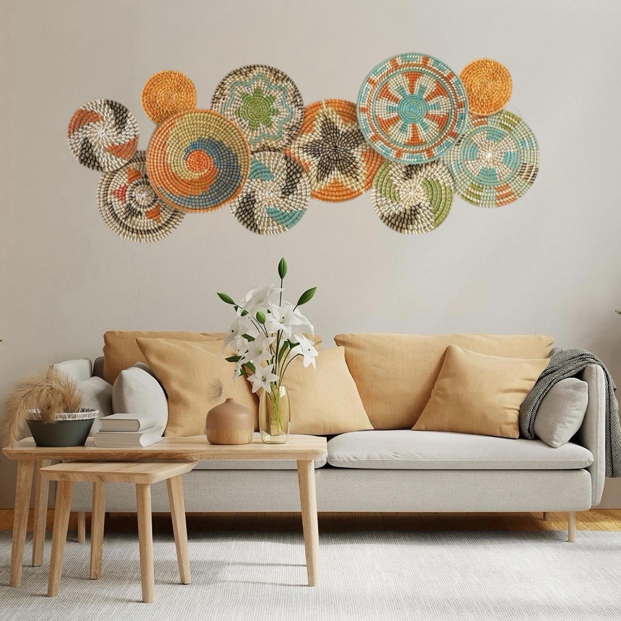 NEW West Elm 11-Piece Woven Wicker Rattan Colorful Boho Wall Hanging Baskets