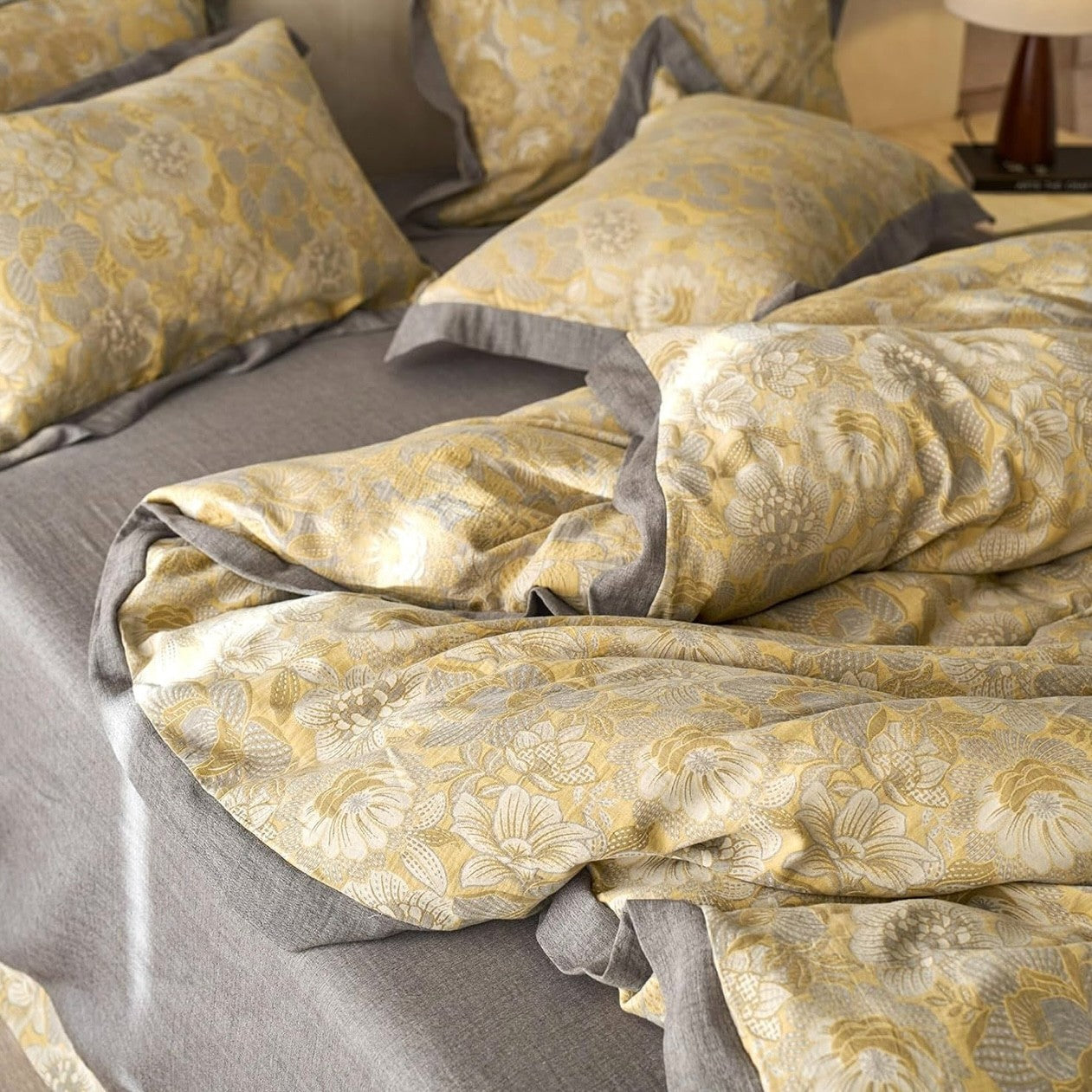 NEW Anthro Yellow Floral Jacquard Queen / King Cotton Bedding Duvet & Sham Set