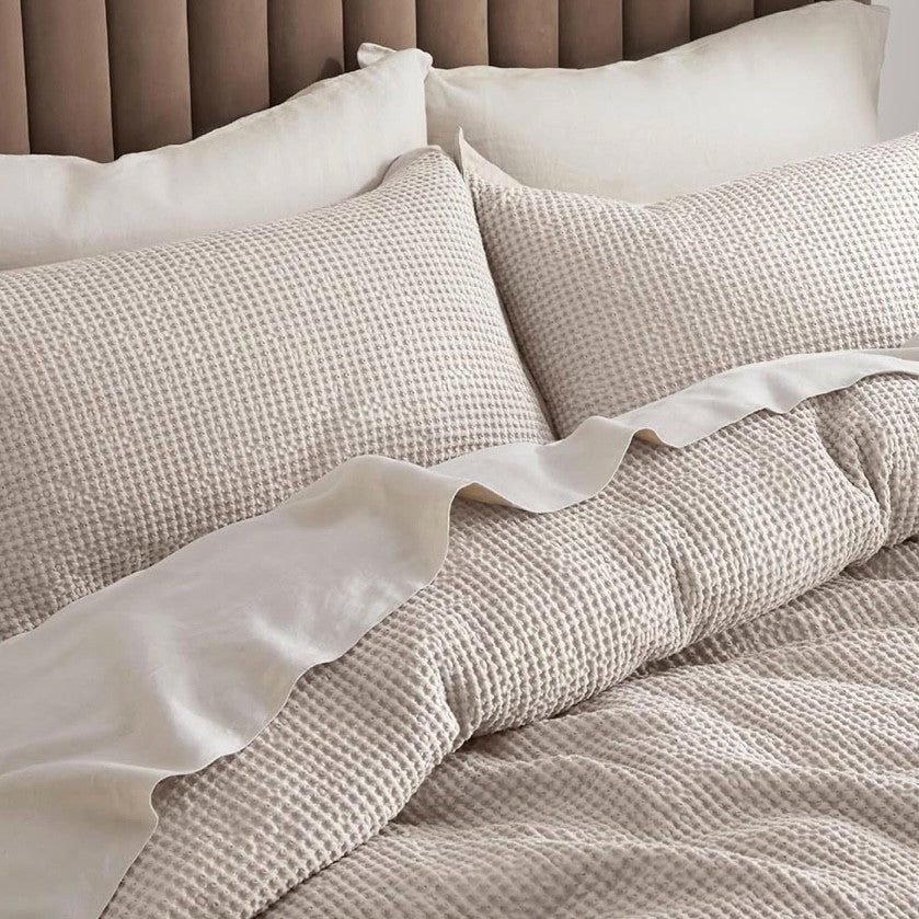 NEW West Elm Beige Waffle Weave Queen King 100% Cotton Bedding Duvet & Sham Set