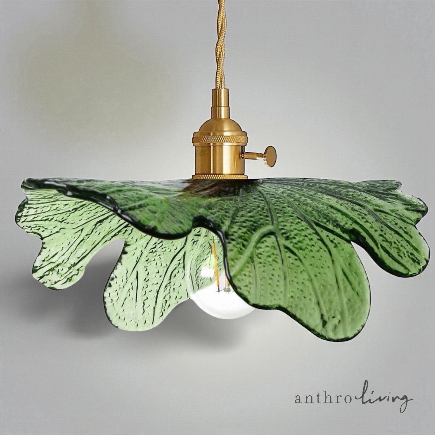 NEW Anthro Vintage Green Glass Hanging Retro Gold Floral Pendant Light Fixture