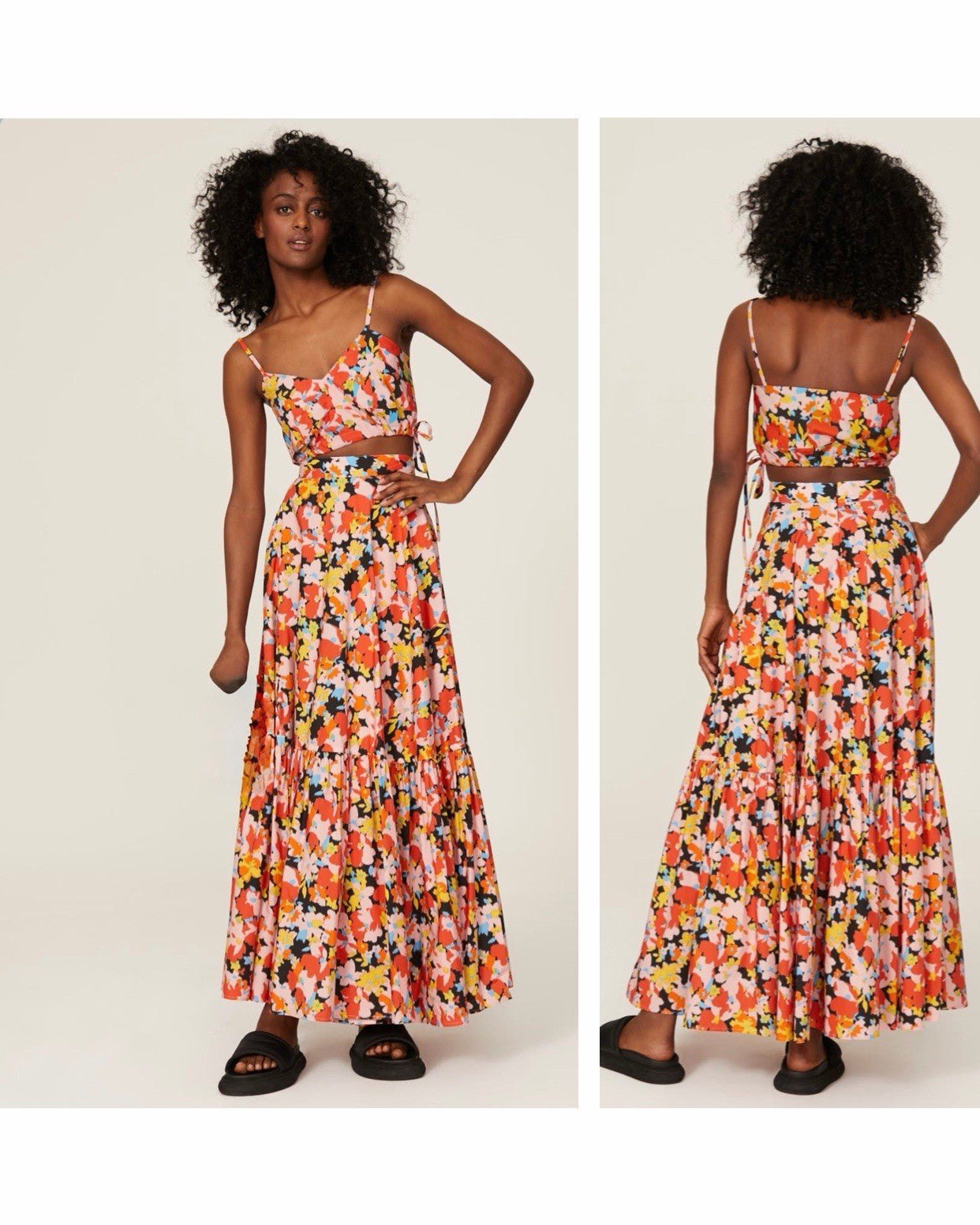 Plan C Orange Boho Floral Crop Top & Matching Maxi Skirt Set Size Large 10 / 12
