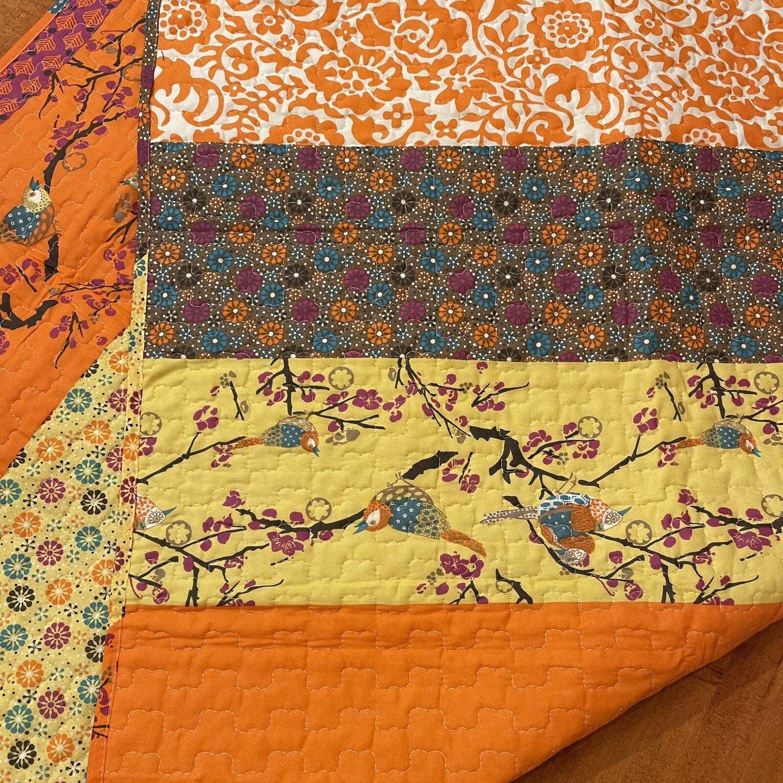 NEW Boho Orange Retro Bird Floral Throw Blanket Bedspread Bedding Quilt 50 x 60