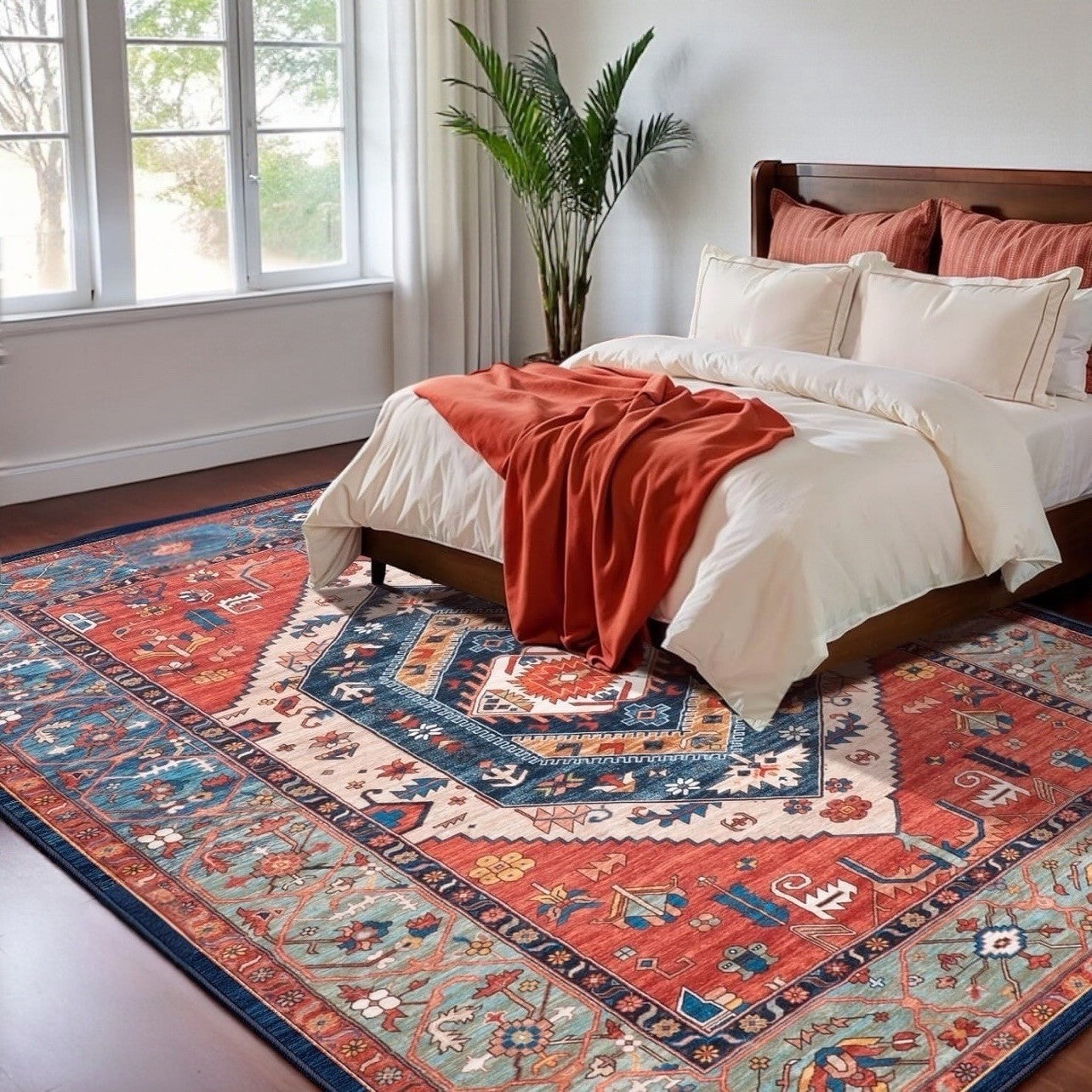 NEW Anthro Red Moroccan Aztec Boho Washable Multicolor Area Rug Carpet - 5' x 7'