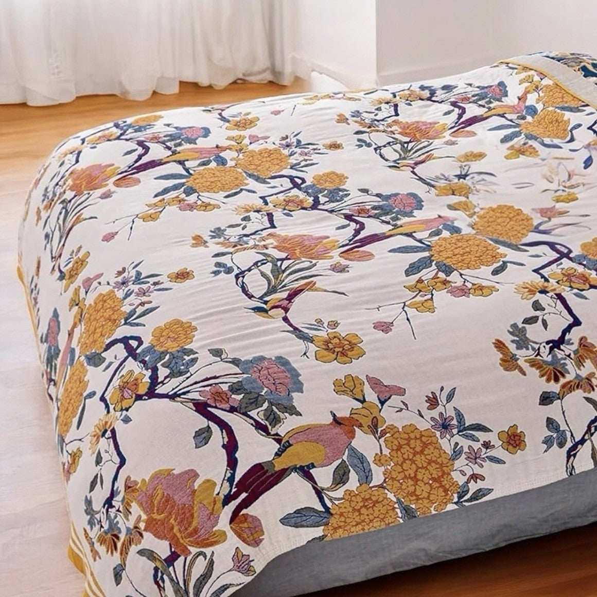 NEW Anthro XL Boho Bird Orange Floral Throw Blanket Bedspread Quilt 80" x 90"