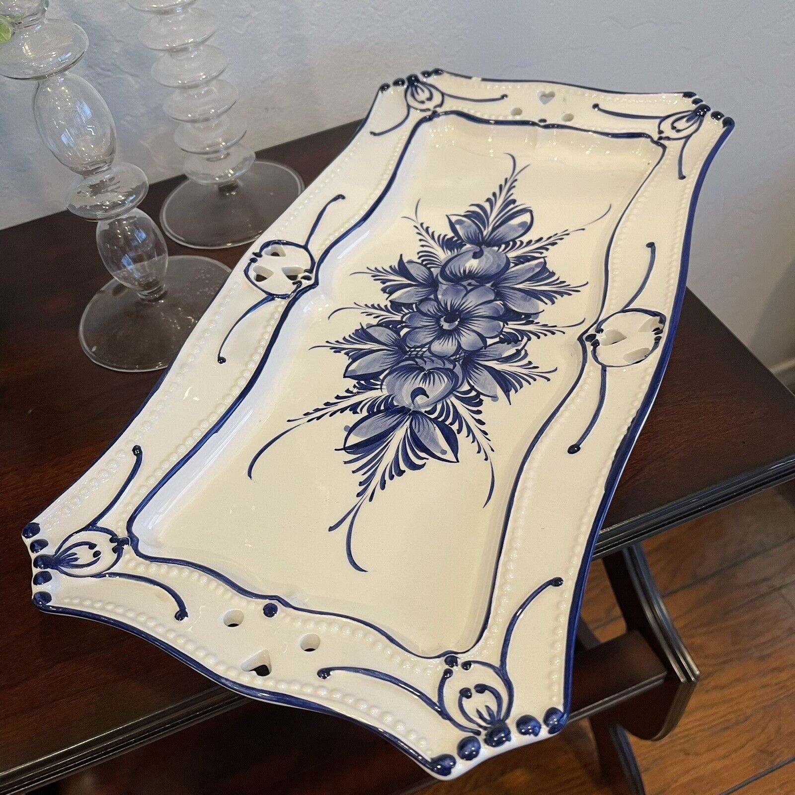 Vintage RCCL Blue & White Portuguese Floral Painted Ceramic Serving Tray Dish