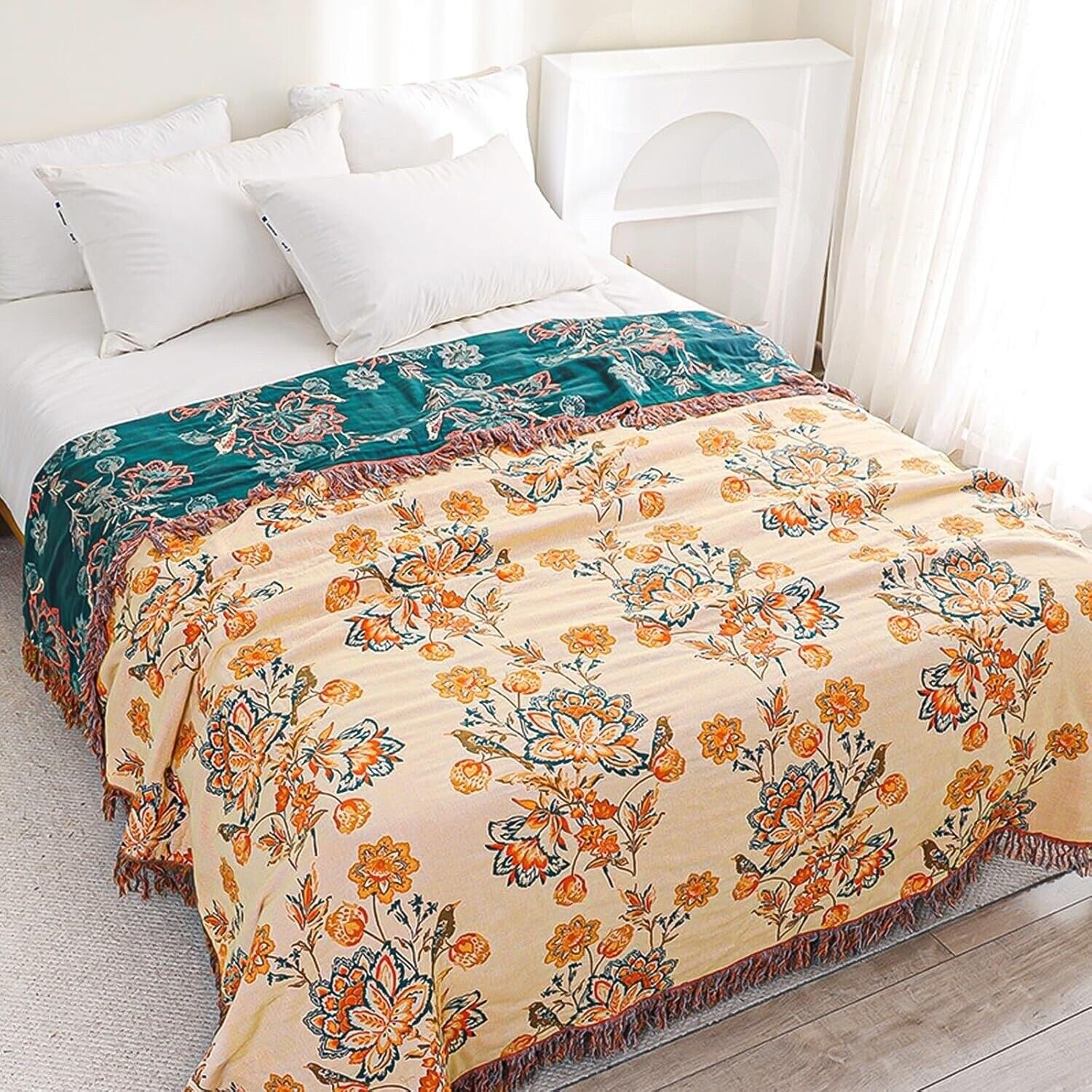 NEW Anthropologie Boho Floral Orange Teal Throw Blanket Bedspread Quilt 80 x 90