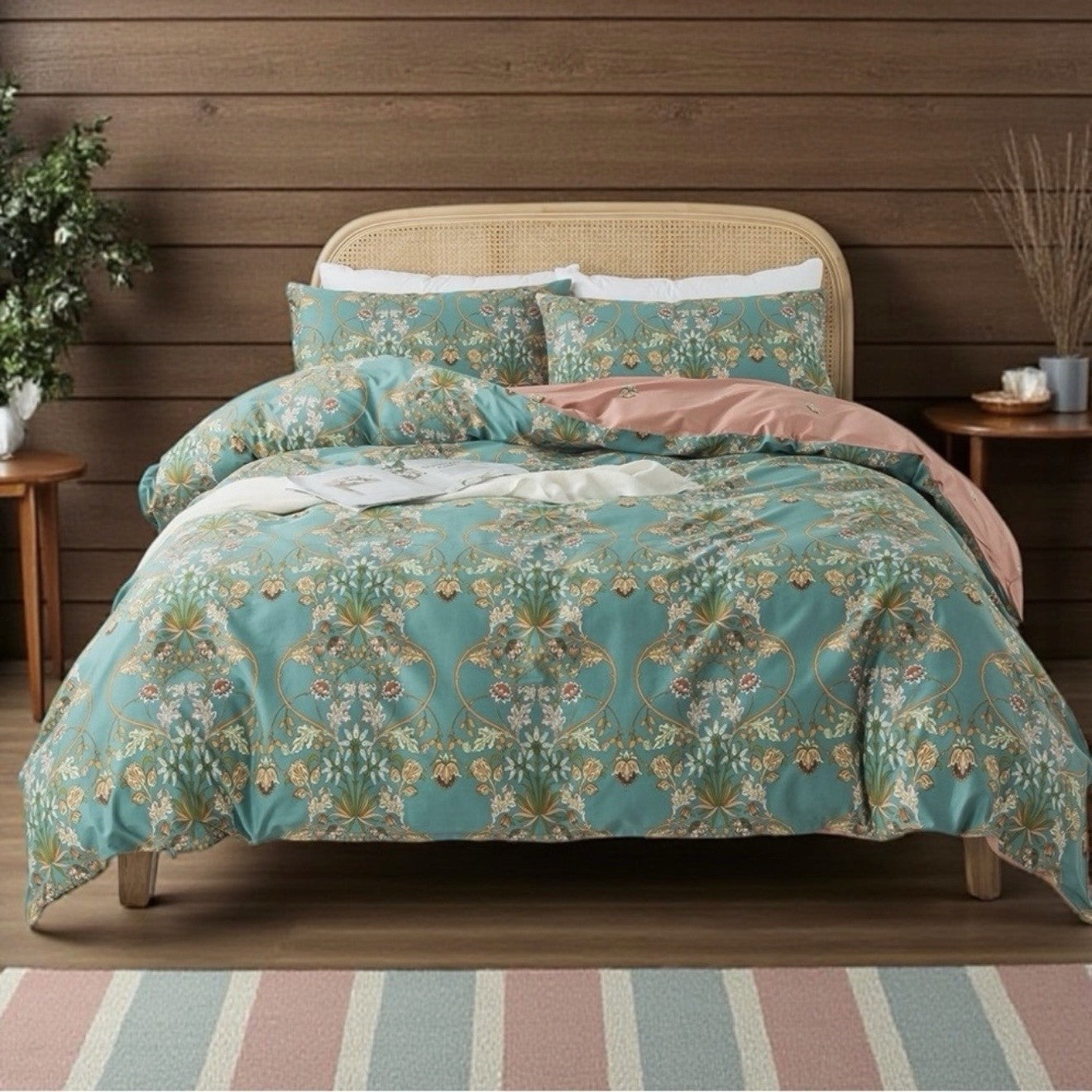 NEW Anthro Teal Reversible Cotton Floral Queen King Boho Duvet Bedding Sham Set