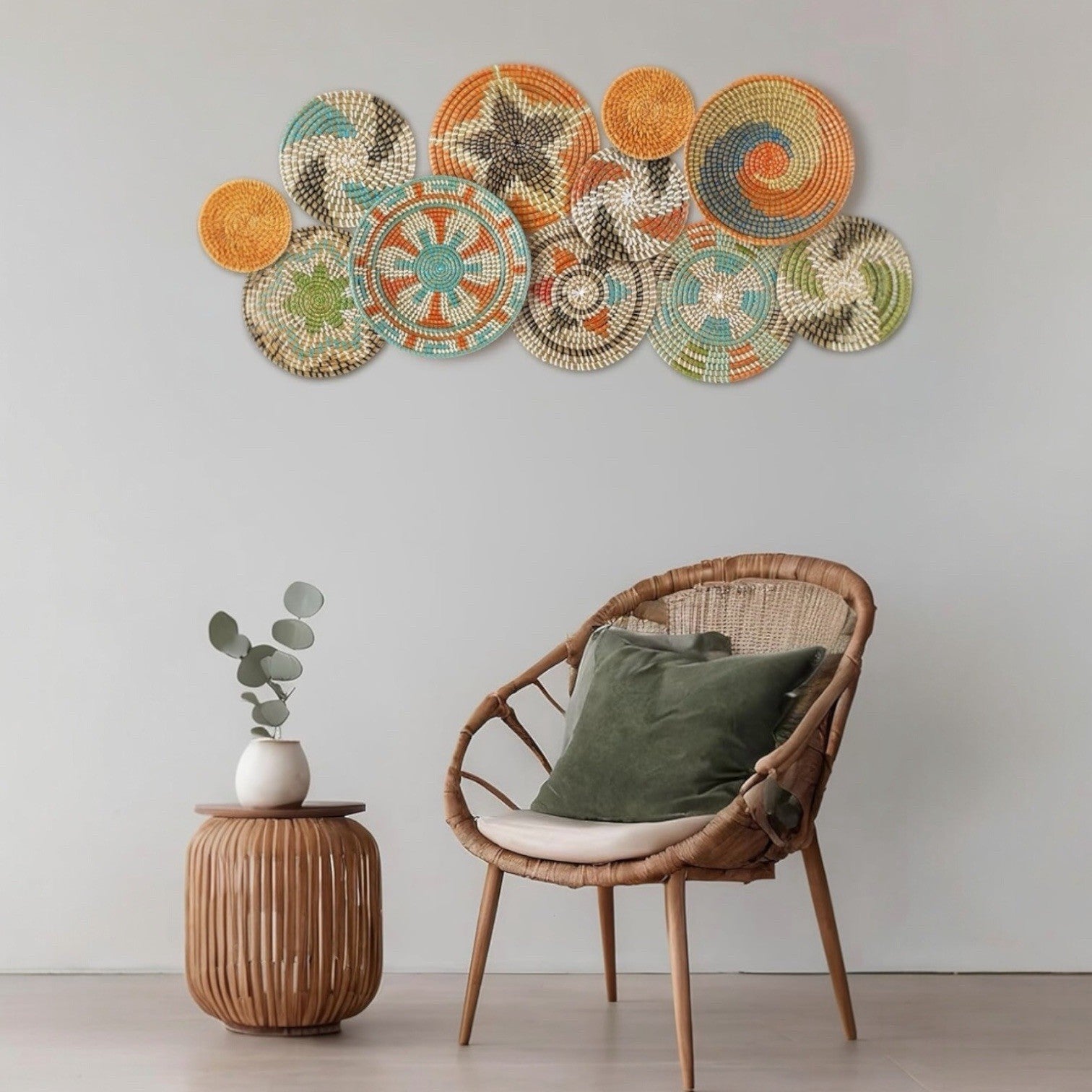NEW West Elm 11-Piece Woven Wicker Rattan Colorful Boho Wall Hanging Baskets