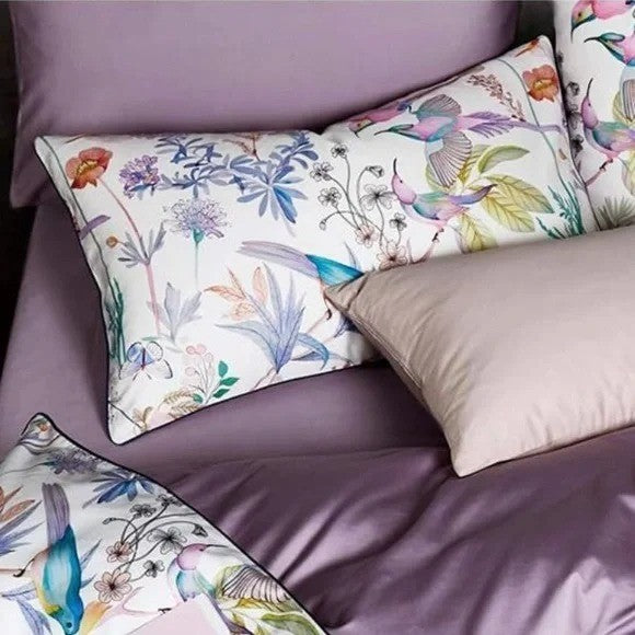 NEW Anthro Purple Floral Bird Boho Cotton Queen / King Bedding Duvet & Sham Set