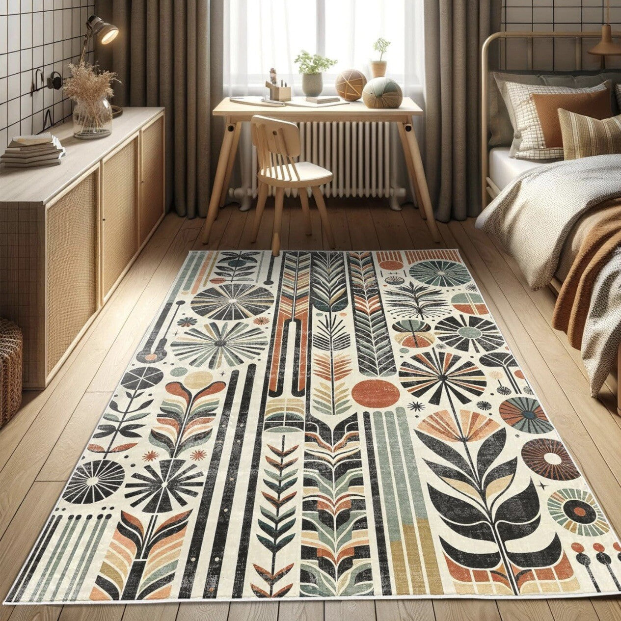 NEW Anthropologie Cream Boho Retro Floral Geometric Area Rug Carpet 5'7" x 4'
