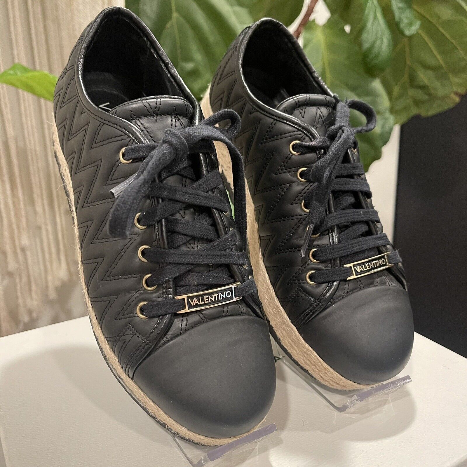 NEW Valentino Black Angel Leather Espadrille Platform Sneakers Shoes Size 9 / 40