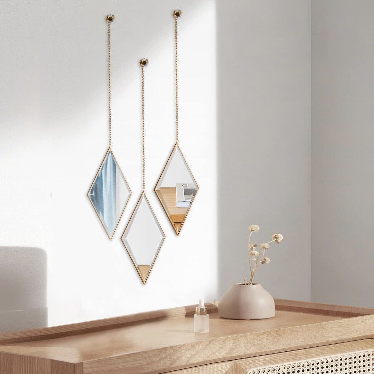 NEW Anthropologie (3 Piece) Boho Gold Diamond Glass Mirror Hanging Wall Decor