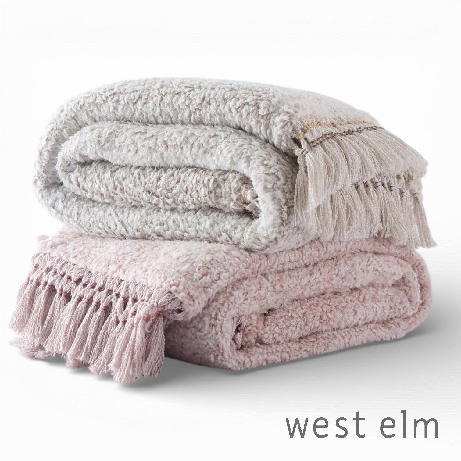 NEW West Elm Beige Sherpa Tassel Fringe Boho Cozy Knit Throw Blanket - 50" x 60"