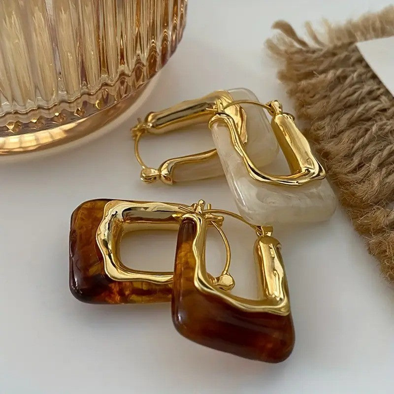 NEW Anthropologie Brown Resin & Gold Plated Chunky Hoop Dangle Earrings Jewelry