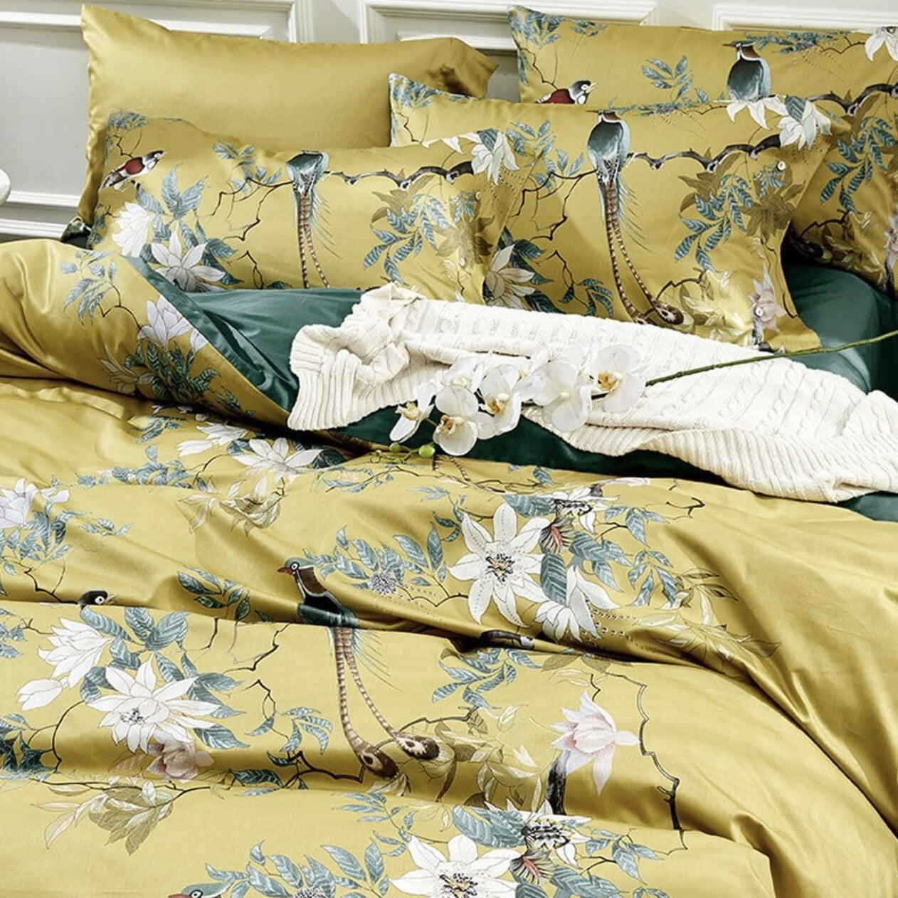 NEW Anthropologie Yellow Boho King Bird Cotton Bedding Duvet & Floral Sham Set