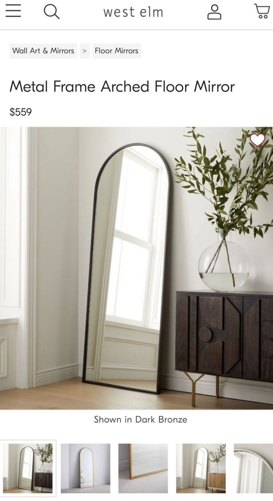 NEW West Elm Full Length Arched Black Framed Boho Floor / Wall Mirror 65" x 24"