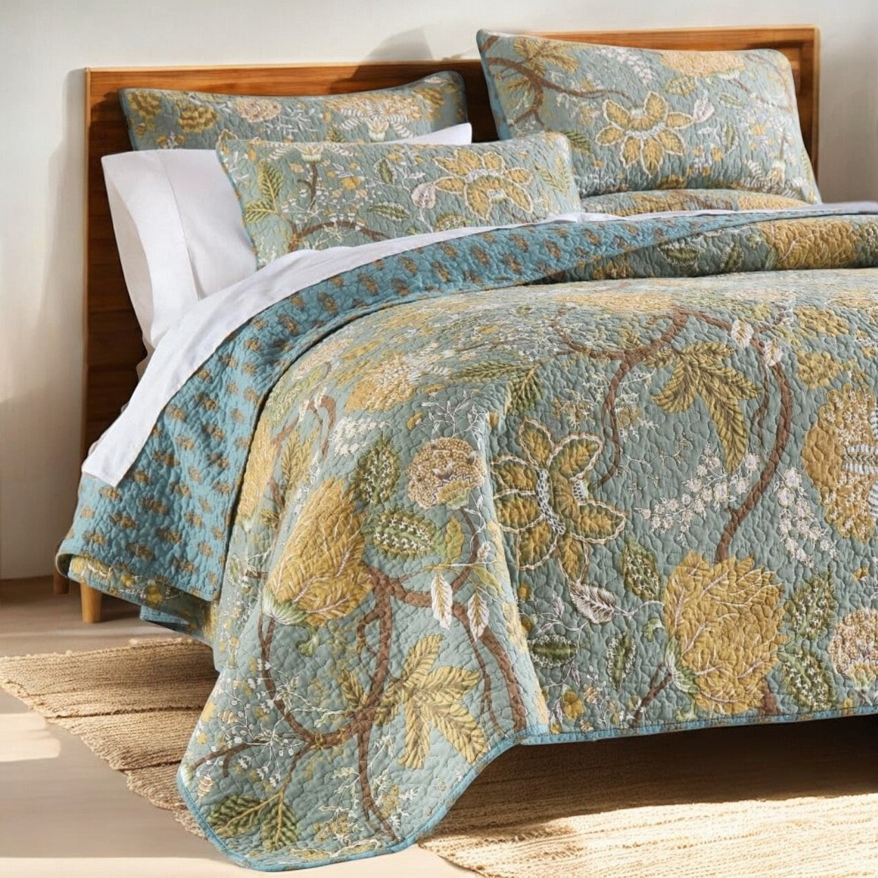 NEW Anthro Green Floral Reversible Queen / King Boho Bedding Quilt & Sham Case