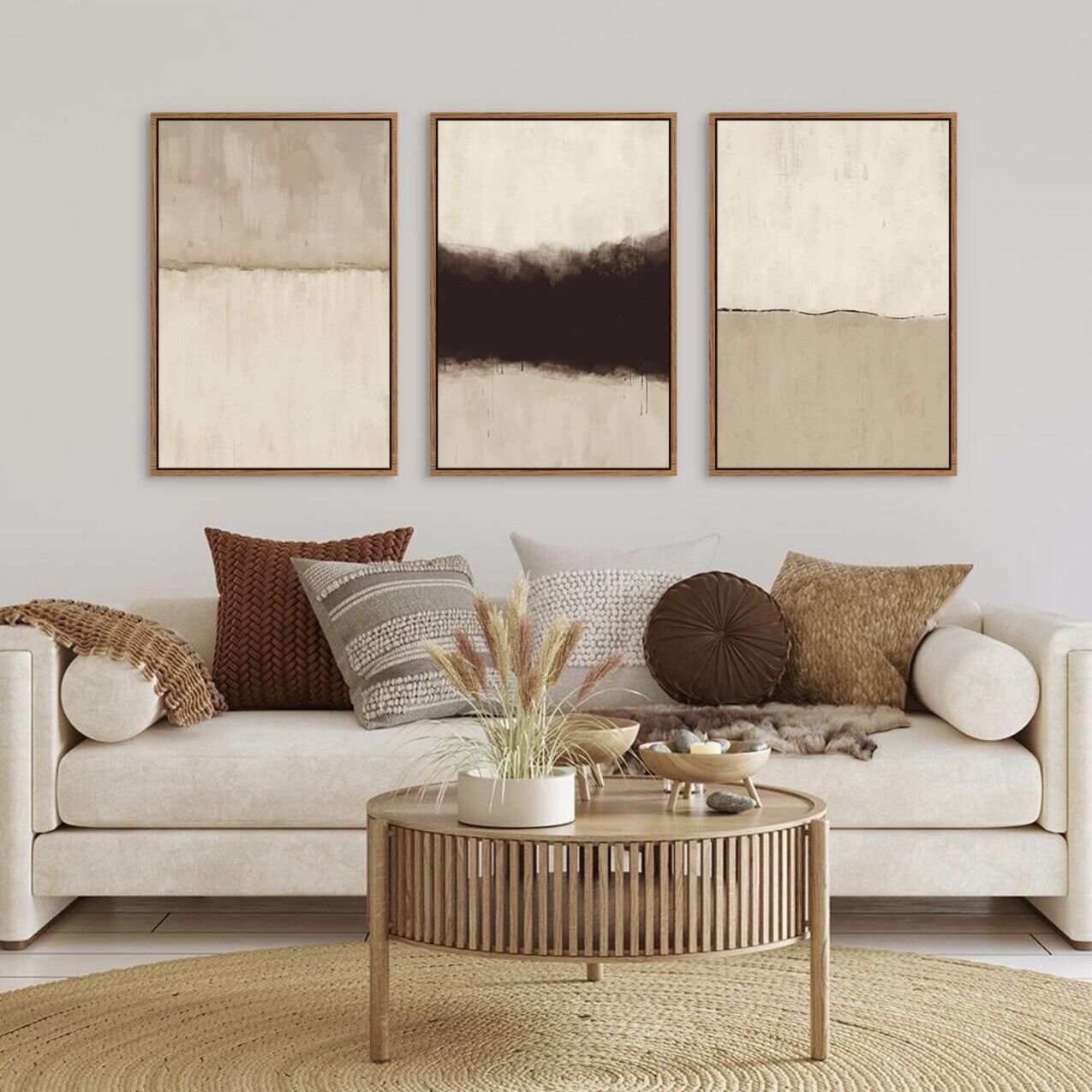 New West Elm Large Abstract Set of 3 Framed Canvas Wall Art Paintings Decor 24"