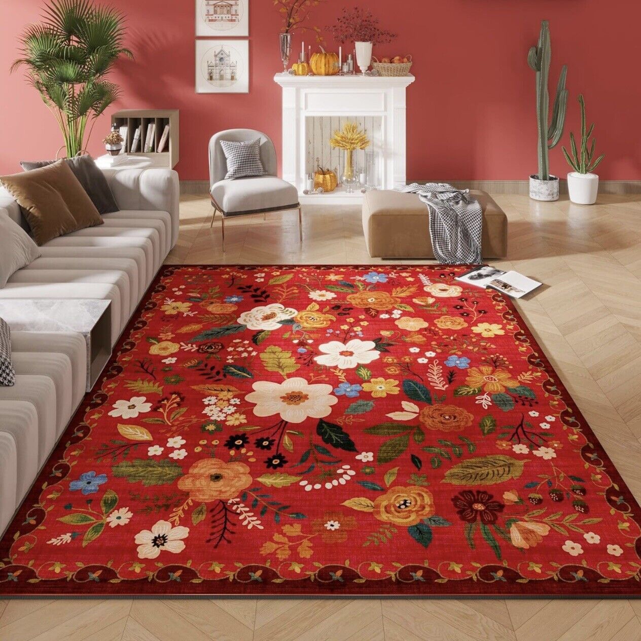 NEW Anthropologie Red Floral Boho Vintage Multicolor Area Rug Carpet - 5' x 7'