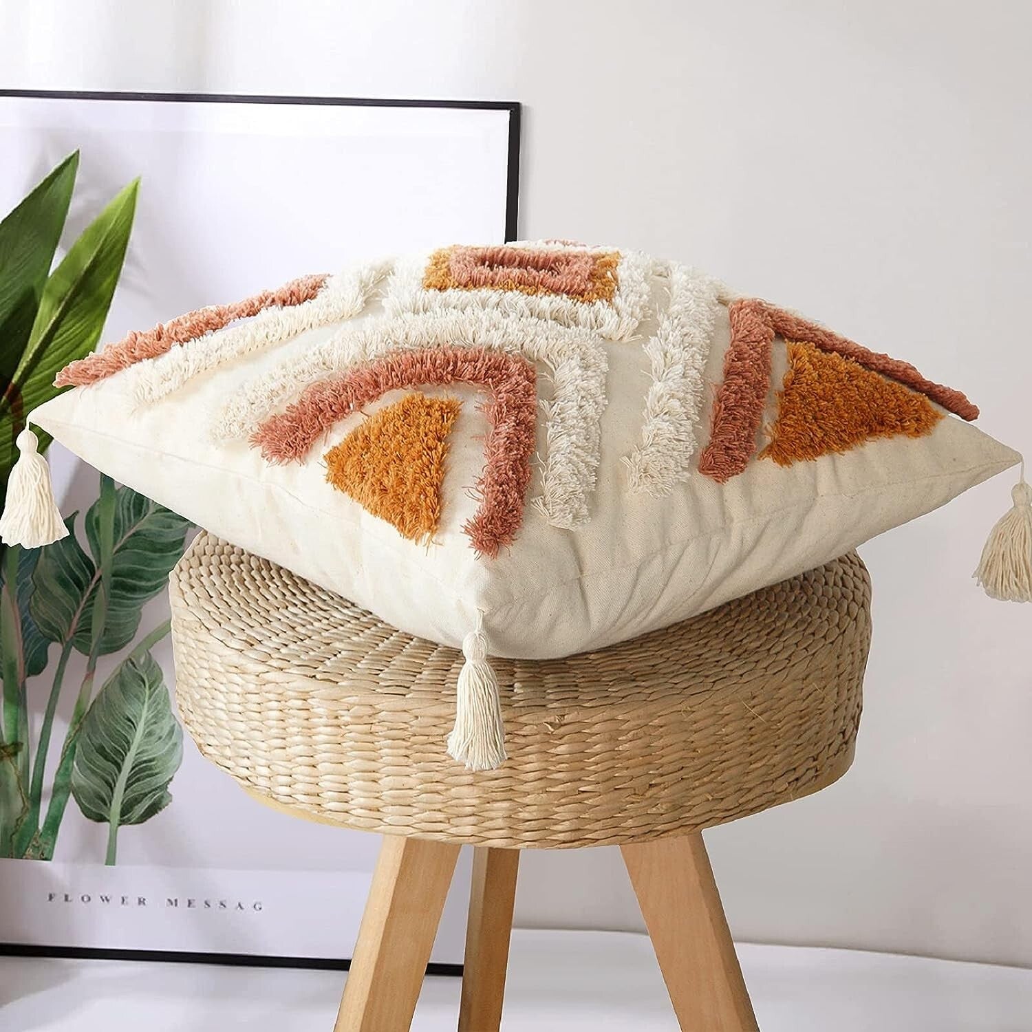 NEW Anthro Orange Diamond Boho Tassel Throw Pillow Case Cover Sham - 18" x 18"