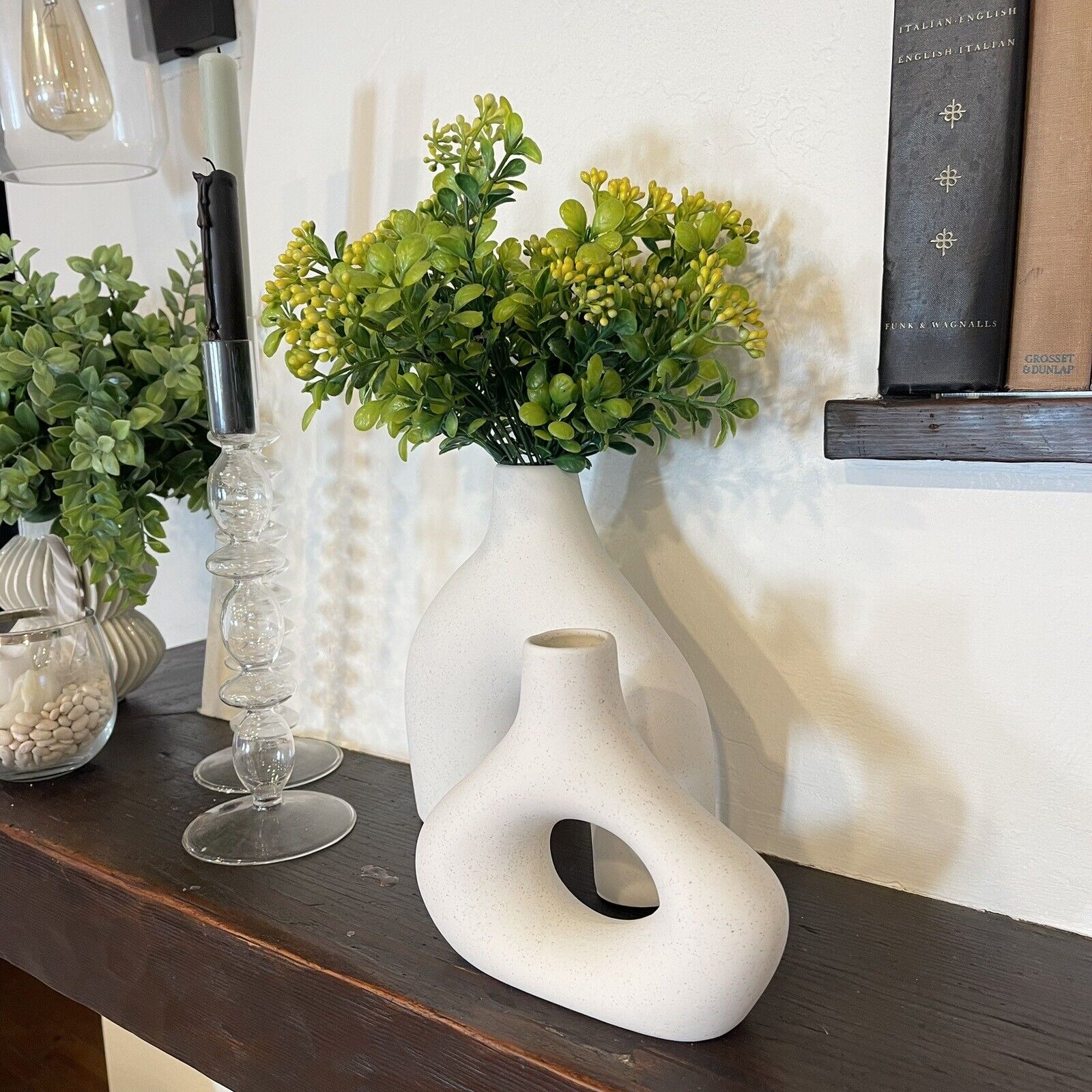 New West Elm (Set 2) Large Cream Abstract Boho Ceramic Abstract Flower Vase Set