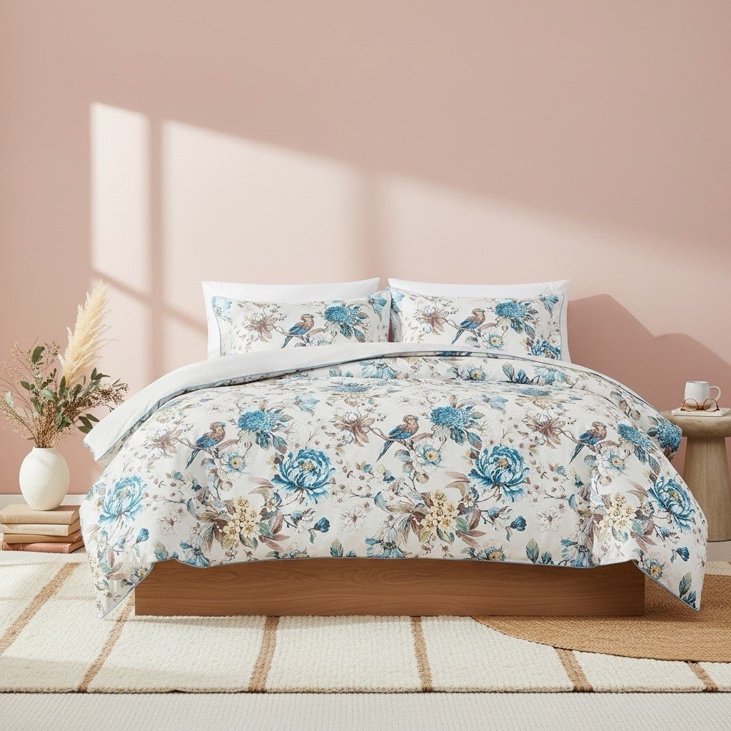 NEW Anthro White Blue Floral Bird Cotton Boho Queen King Bedding Duvet Sham Set